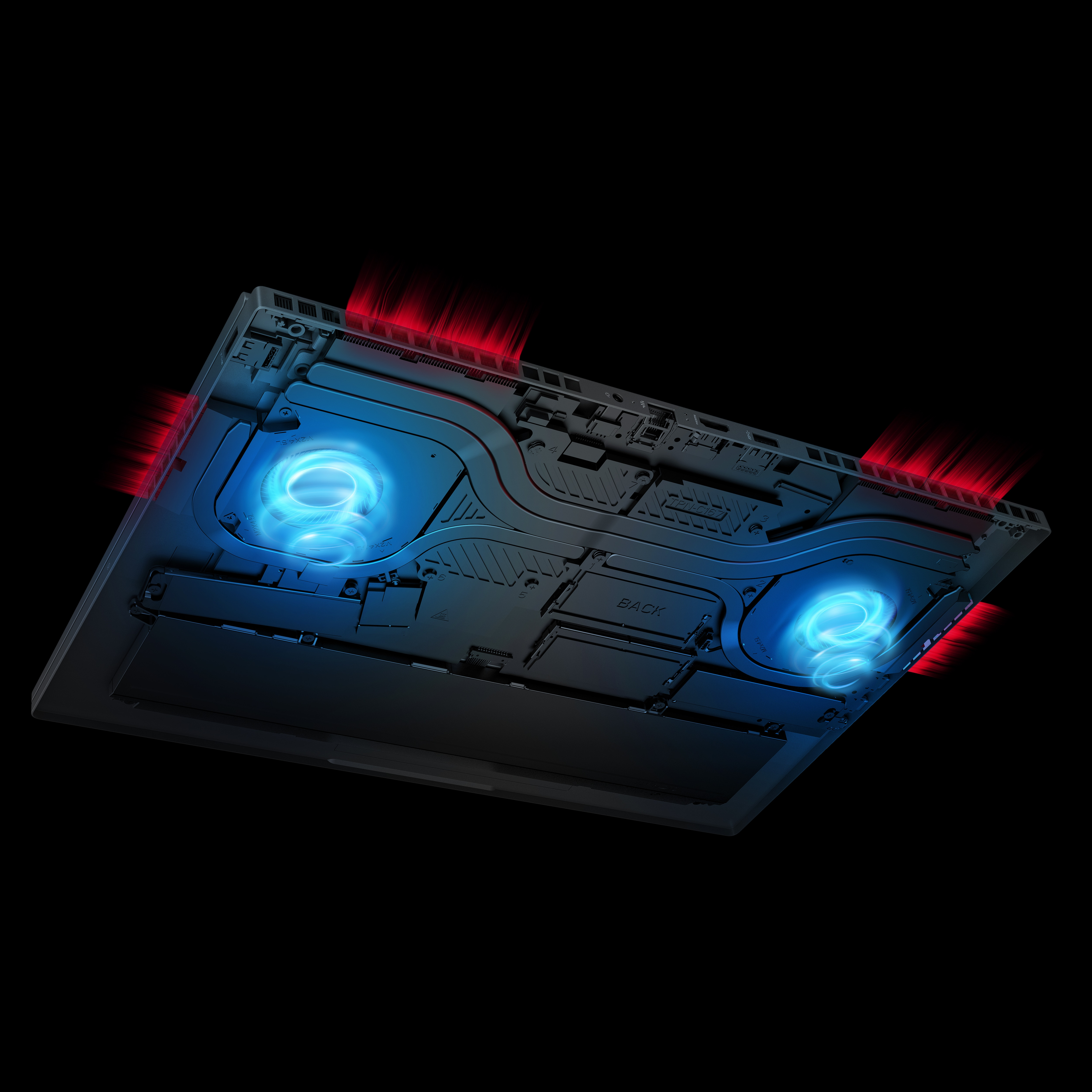 Widok wewnętrzny laptopa z niebieskimi wentylatorami i czerwonymi elementami rozpraszania ciepła.