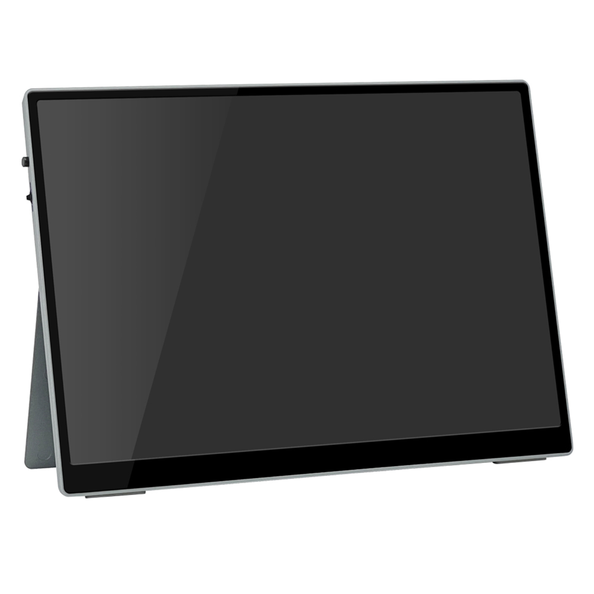 Schwarzer Laptop mit leerem Bildschirm. Der Laptop ist im Winkel geöffnet. Der Hintergrund ist weiß.