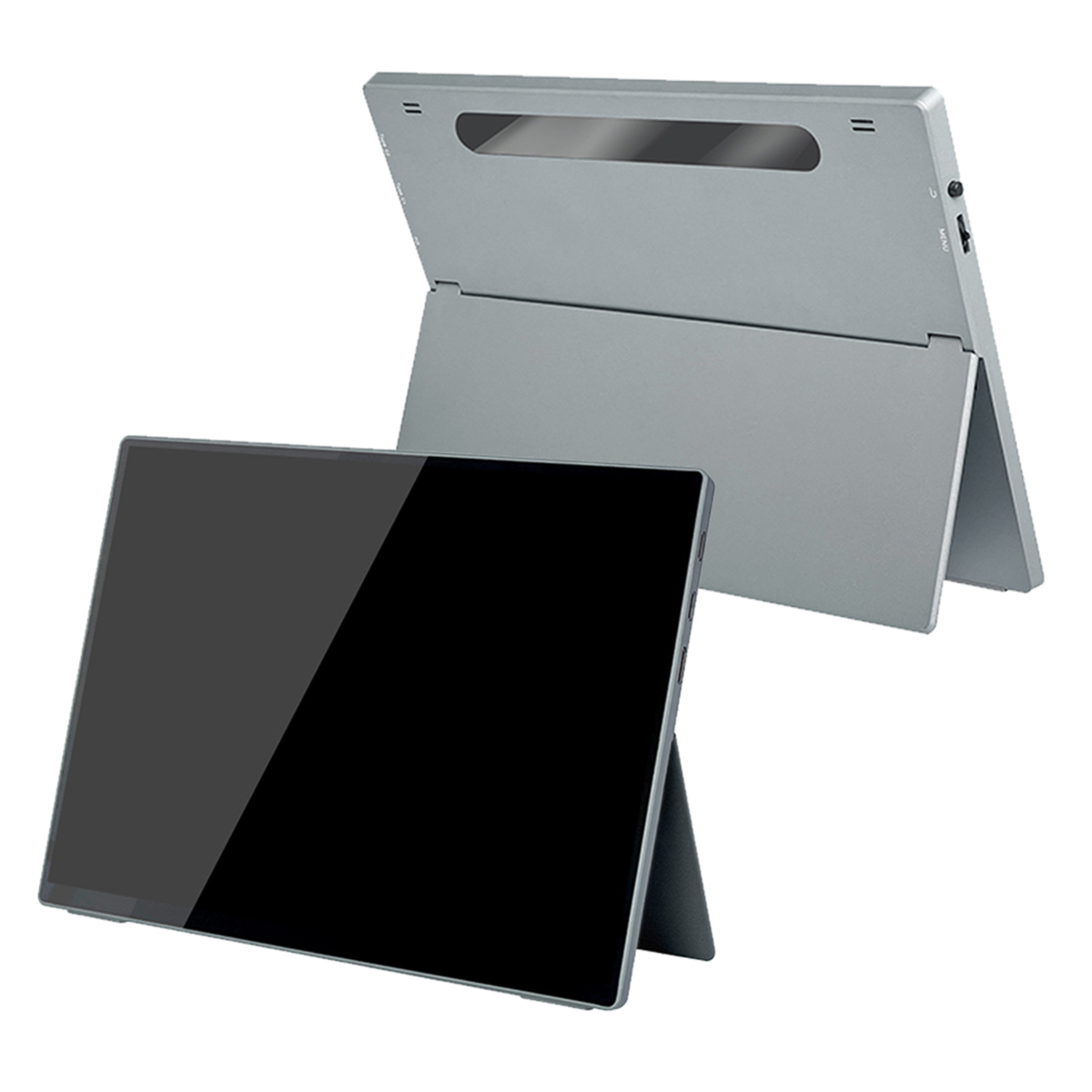Tablet mit schwarzem Bildschirm und silbernem Ständer. Das Tablet ist in zwei Positionen.
