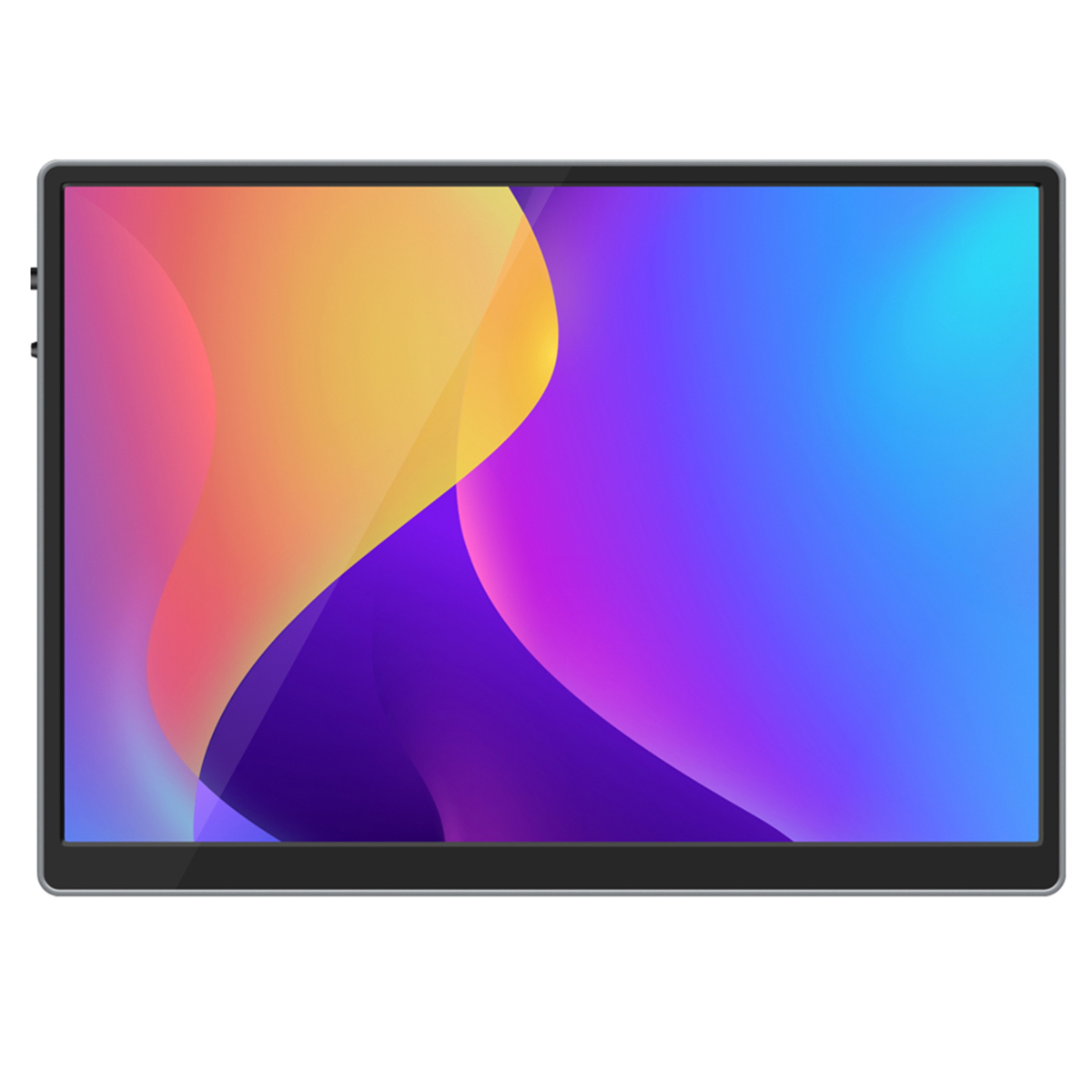 Ein Tablet mit schwarzem Rahmen, das ein farbenfrohes abstraktes Design aus Gelb, Lila und Blau anzeigt.