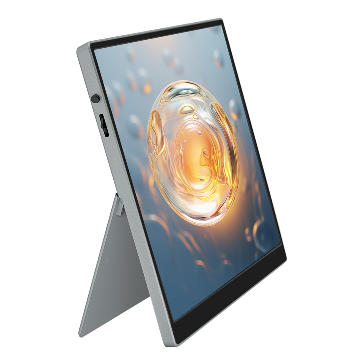 Ein silbernes, tabletartiges Gerät mit einem Display, das ein Bild zeigt, unterstützt von einem Ständer.