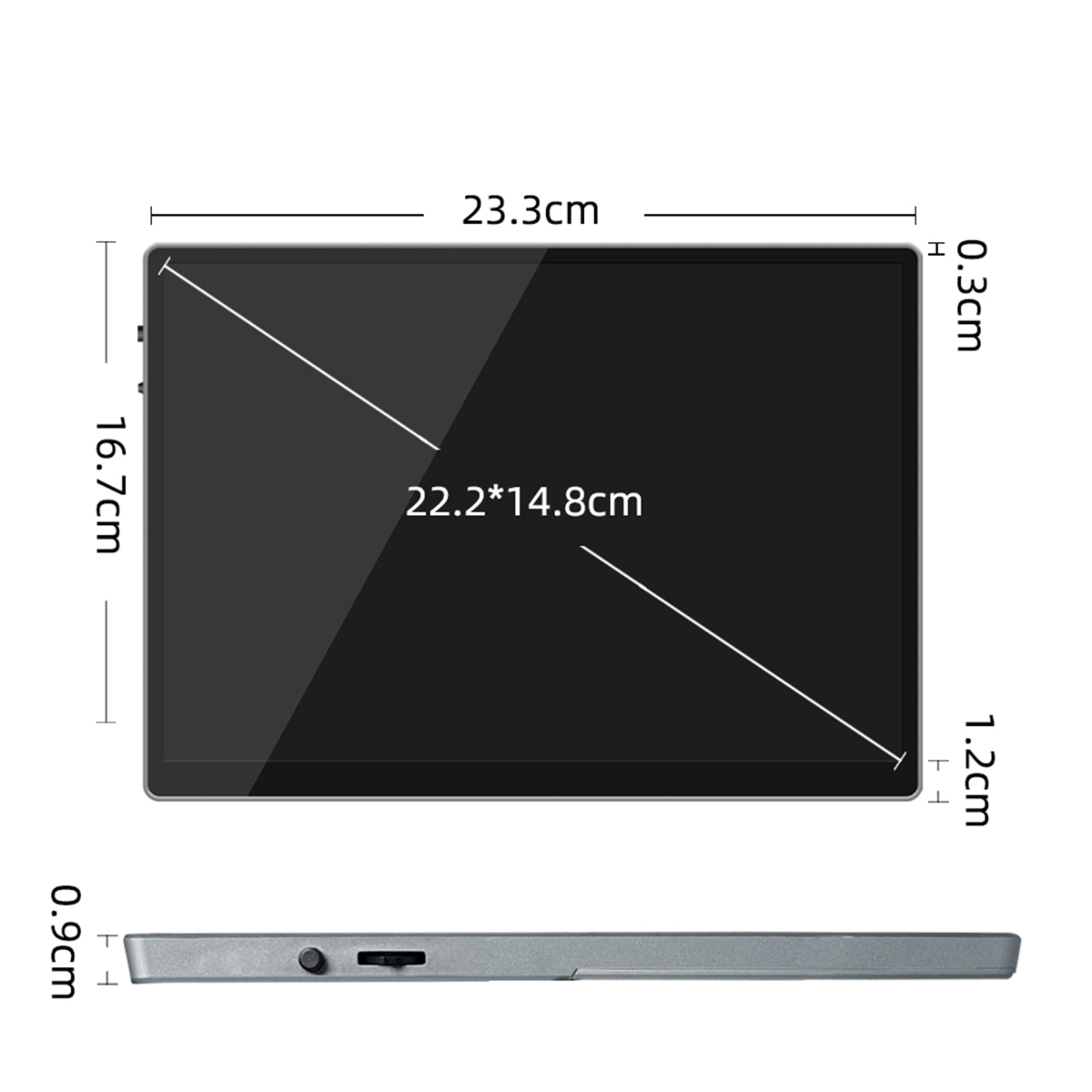 Tablet mit angezeigten Maßen, schwarzem Bildschirm, Draufsicht und Seitenansicht.