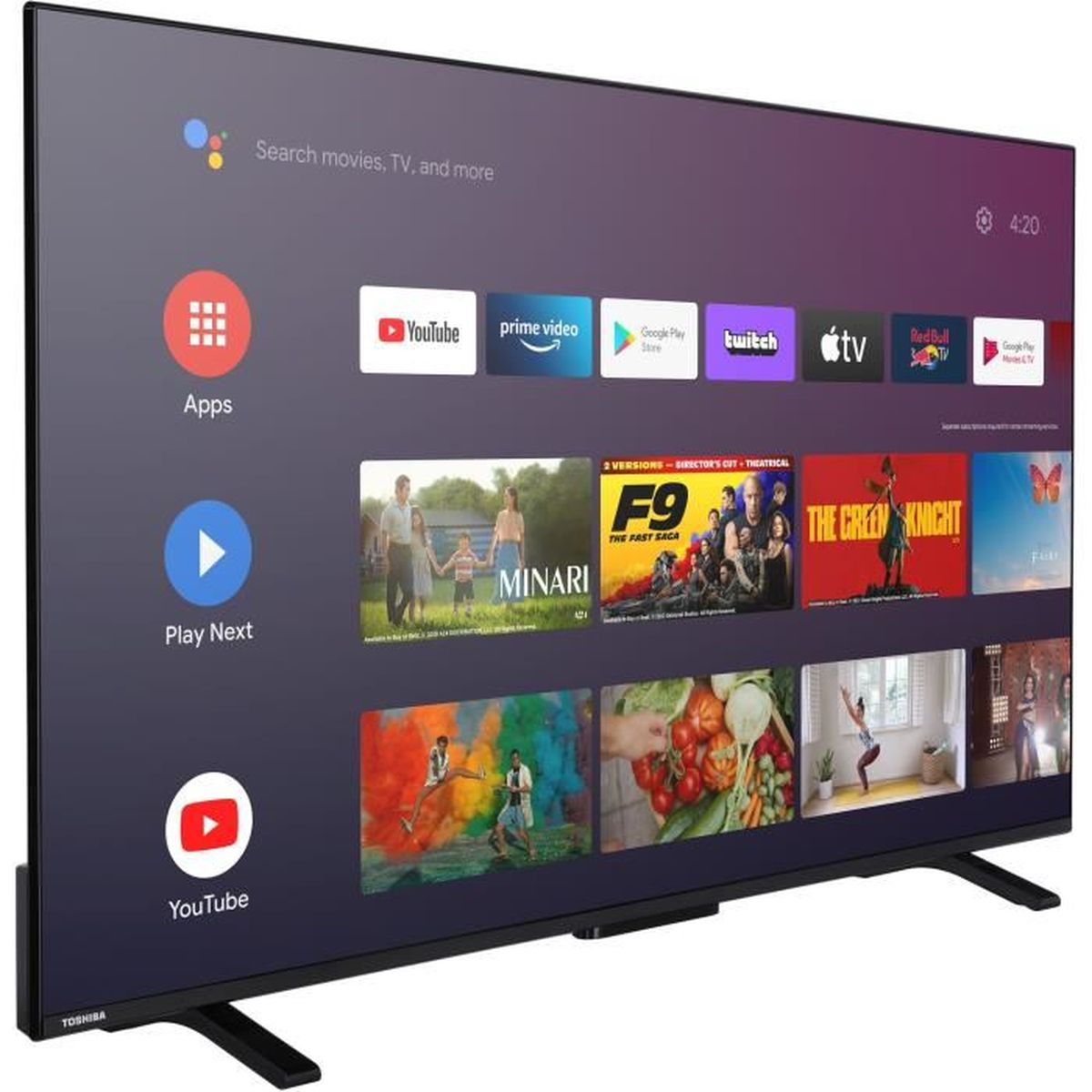 Ein Flachbildfernseher zeigt eine Smart-Oberfläche mit App-Symbolen und Streaming-Logos.