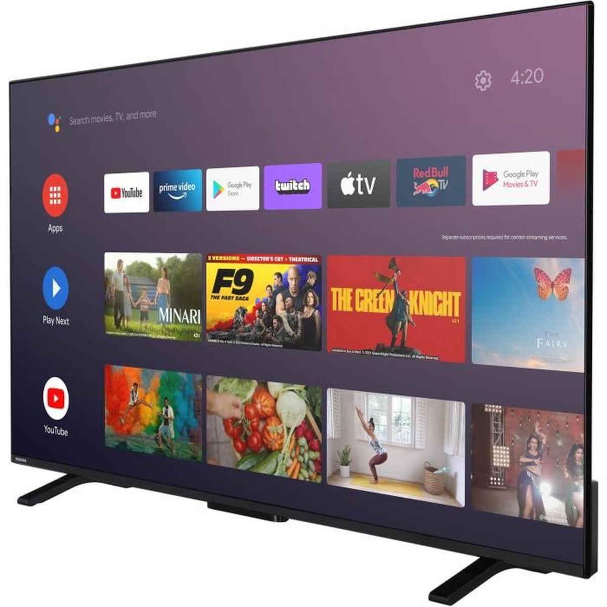 Ein Flachbildfernseher, der eine Streaming-App-Oberfläche anzeigt, mit schwarzen Beinen und Rahmen.