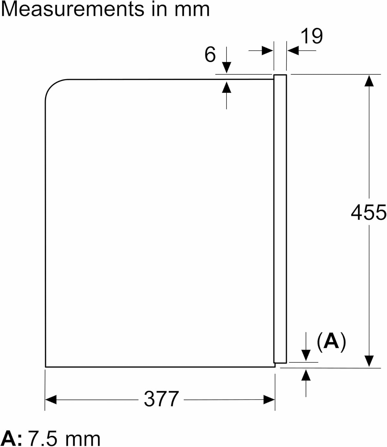 Diagram van een apparaat, waarschijnlijk een afzuigkap, met afmetingen in mm. Afmetingen zijn gegeven.