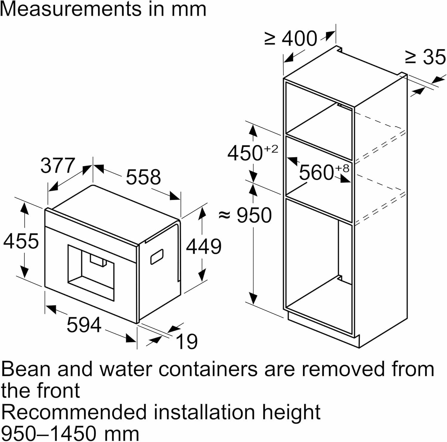 Een diagram met afmetingen en de structuur van een ingebouwde koffiemachine.