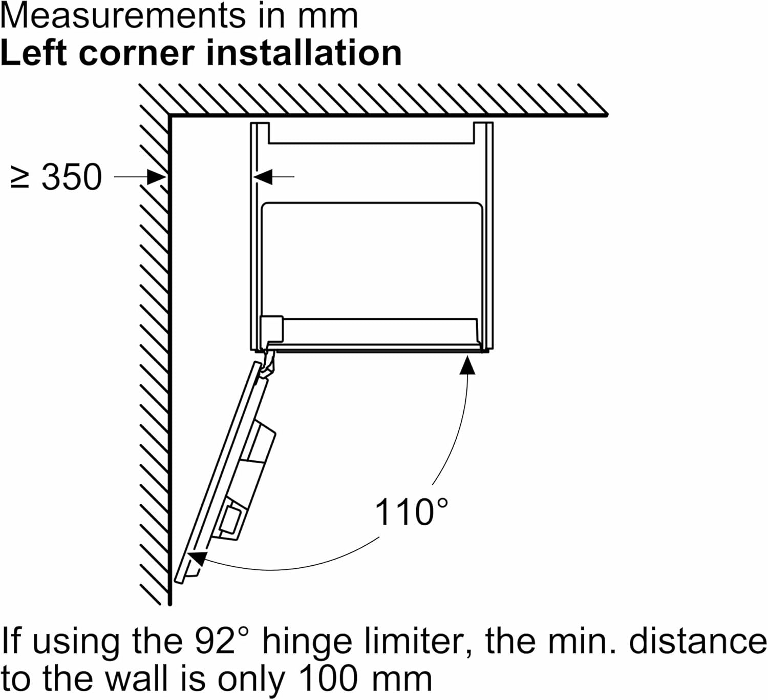 Technische tekening van een kast met afmetingen en een hoek van 110 graden.