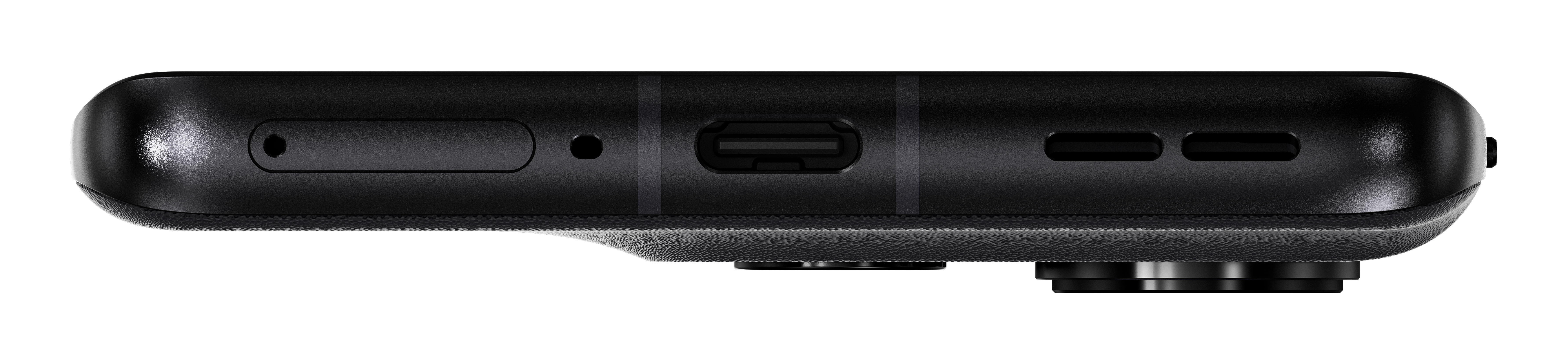 Zbliżenie na dół czarnego telefonu. Pokazano port ładowania, mikrofon i aparat.