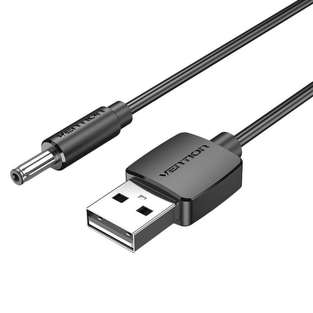 Un cavo di alimentazione USB a CC nero, con connettore USB-A e connettore cilindrico CC.