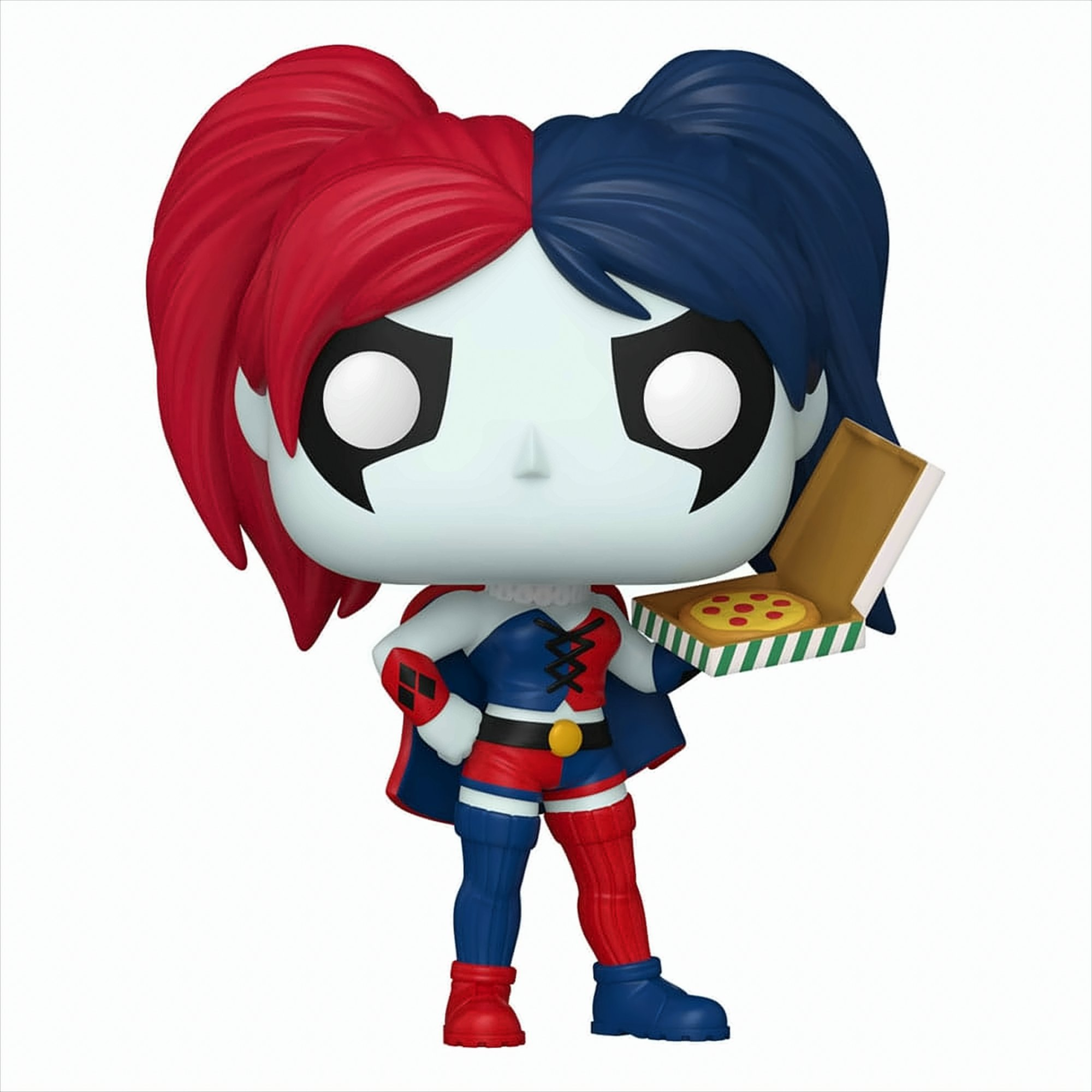 Figurine Harley Quinn tenant une boîte de part de pizza. Elle porte une tenue rouge et bleue et a des couettes.