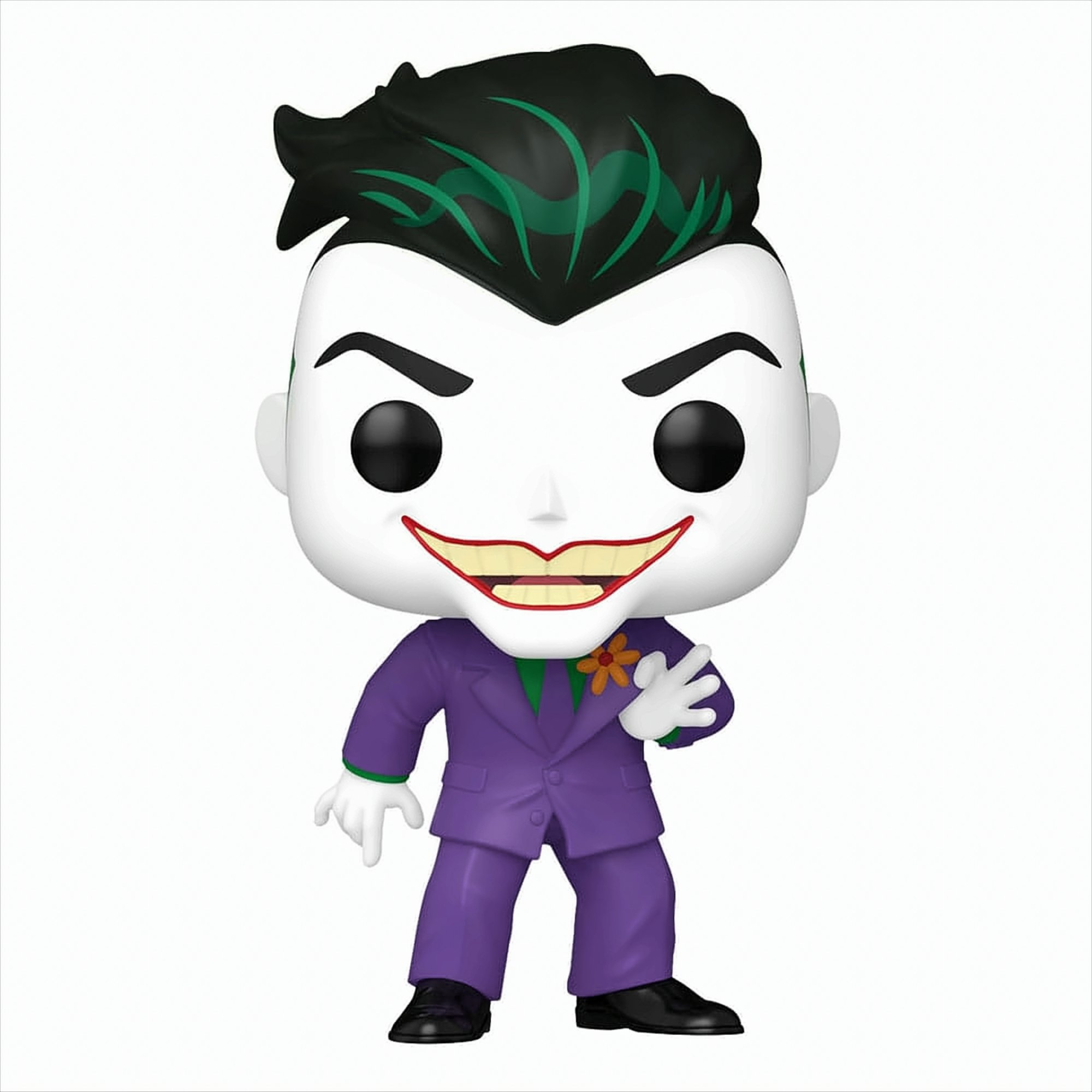 Joker-Figur in lila Anzug, weißes Gesicht, grüne Haare und ein Lächeln.