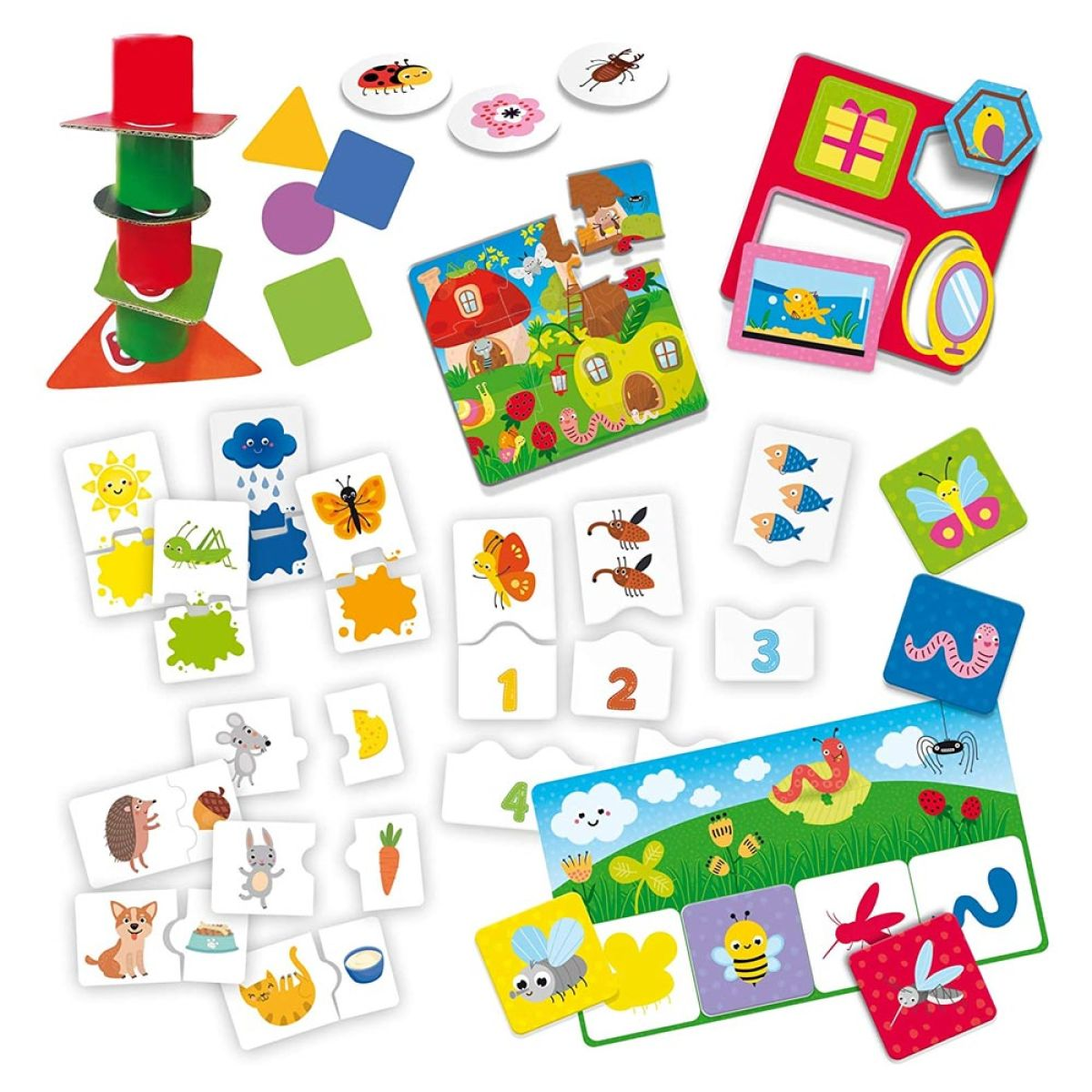 Vari pezzi di puzzle e forme colorate, tra cui una casa, farfalle e numeri.