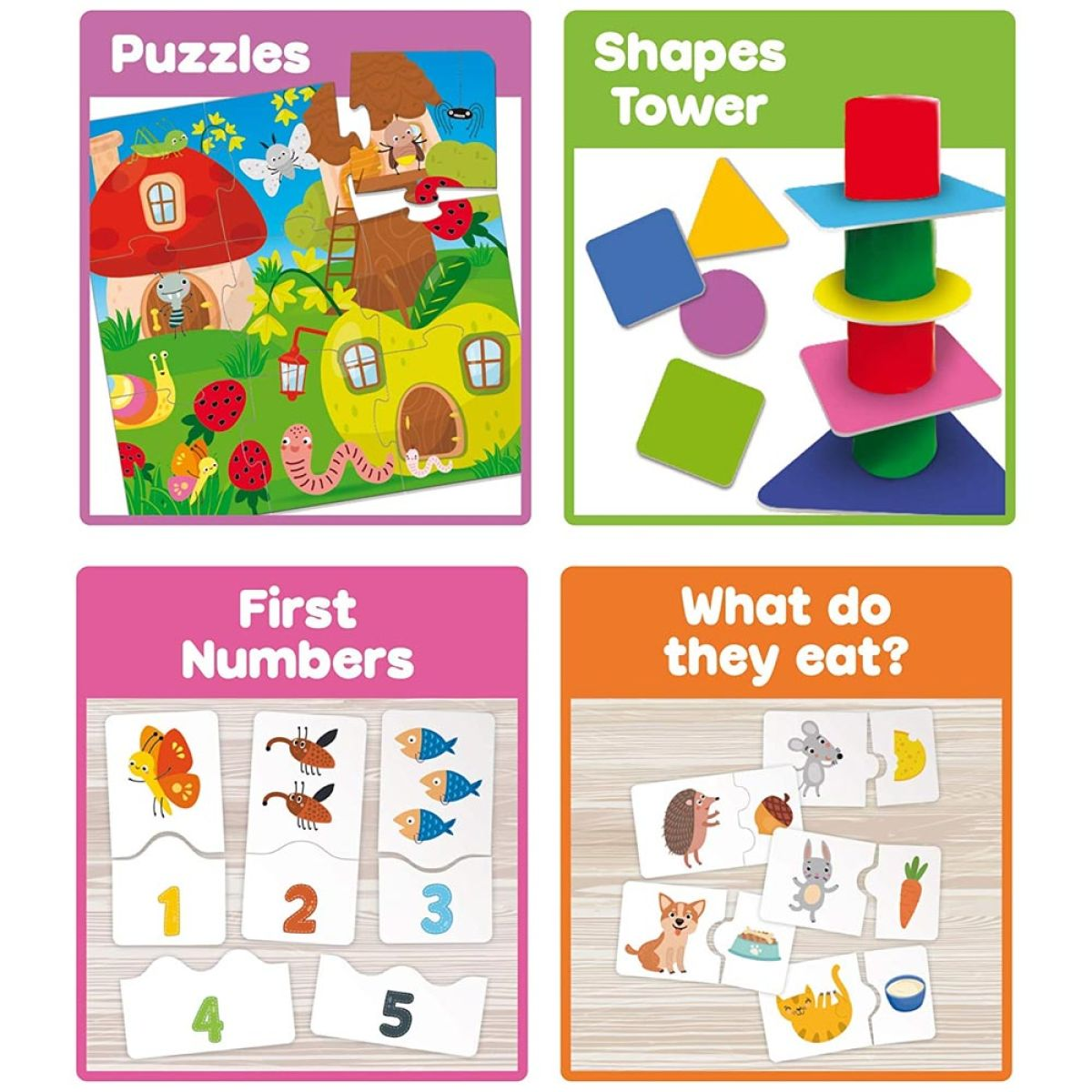 Quattro puzzle educativi colorati: Puzzle, Torre delle forme, Primi numeri e Cosa mangiano?