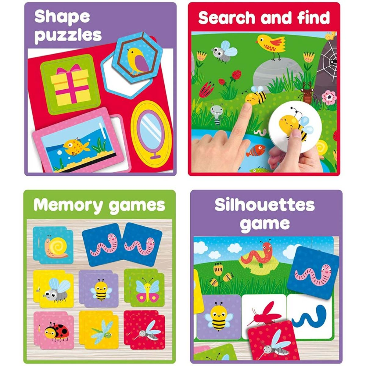 Quattro immagini che mostrano diversi giochi educativi, tra cui puzzle di forme e giochi di memoria.