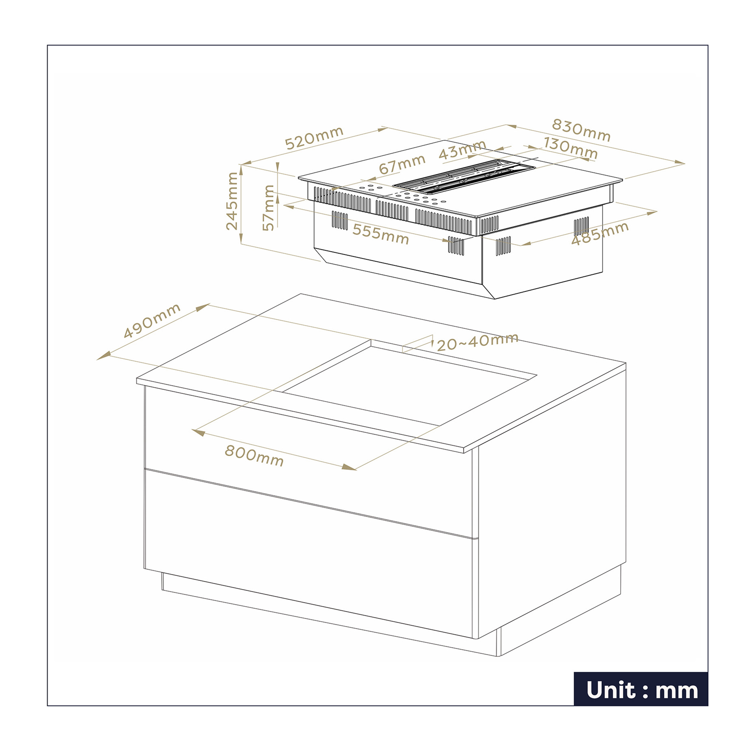 Diagramma di un elettrodomestico da cucina con misure in mm, linee nere su sfondo bianco.