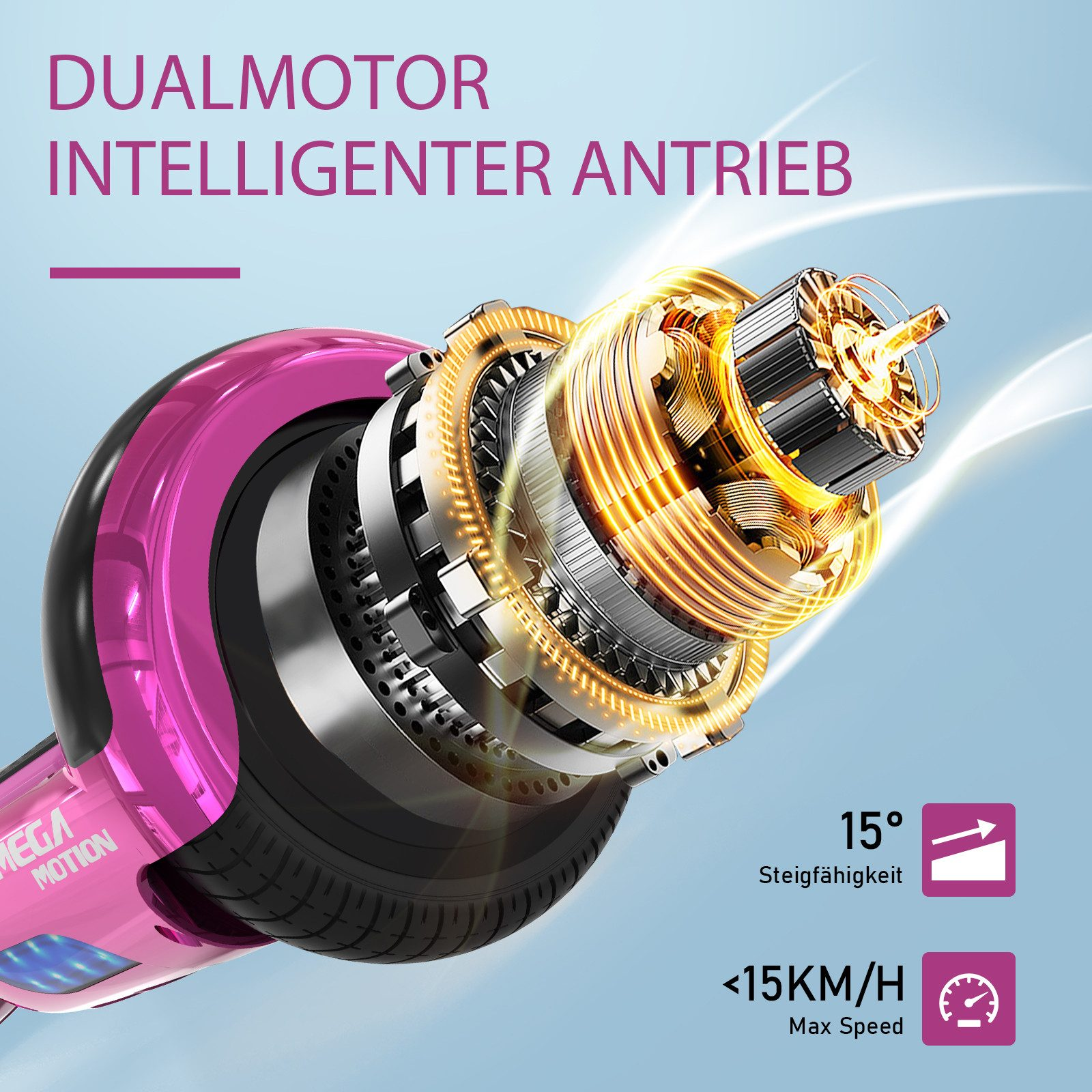 Ein Elektromotorroller-Motor mit dem Text 'Dualmotor, intelligenter Antrieb' und Geschwindigkeitsanzeigen.