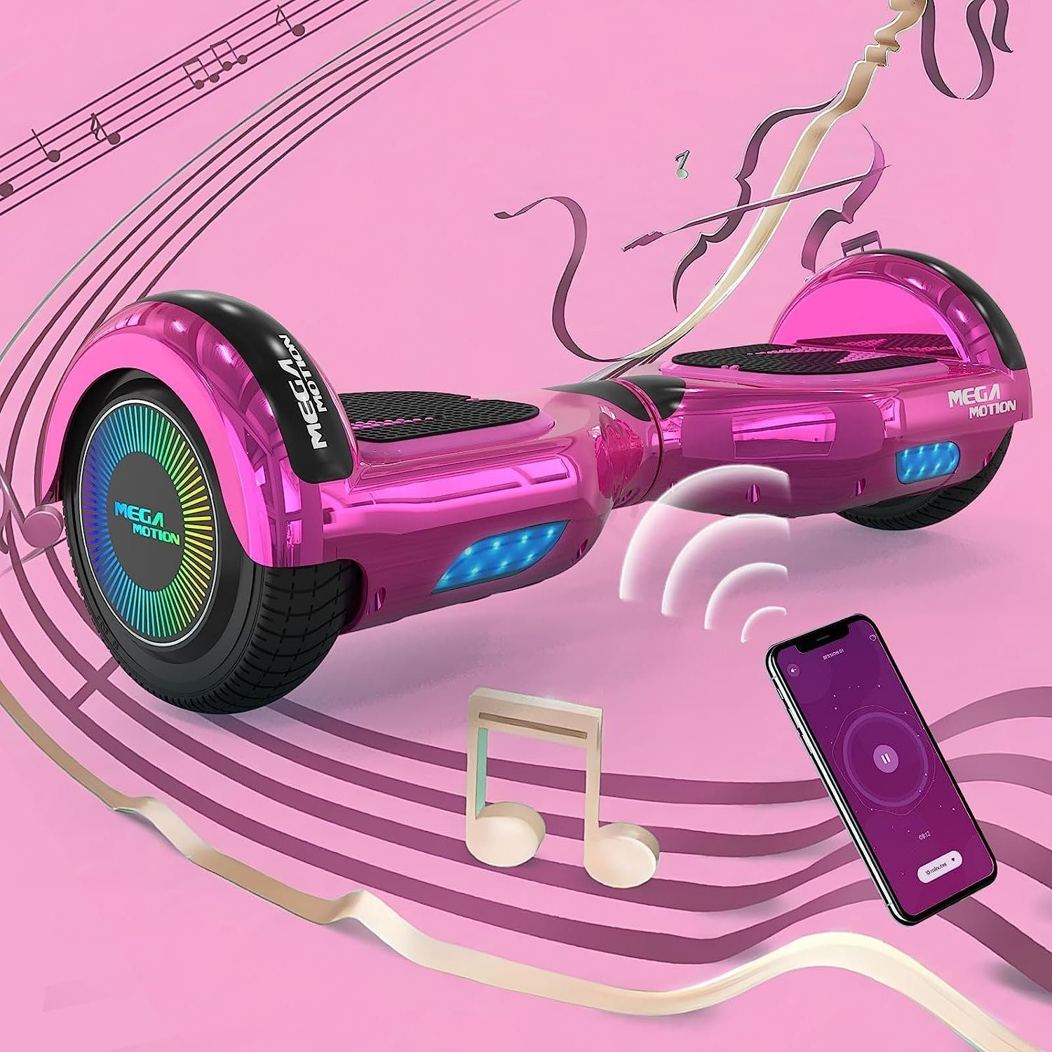 Rosa Hoverboard mit Lichtern, Noten und einem Telefon mit App-Oberfläche.