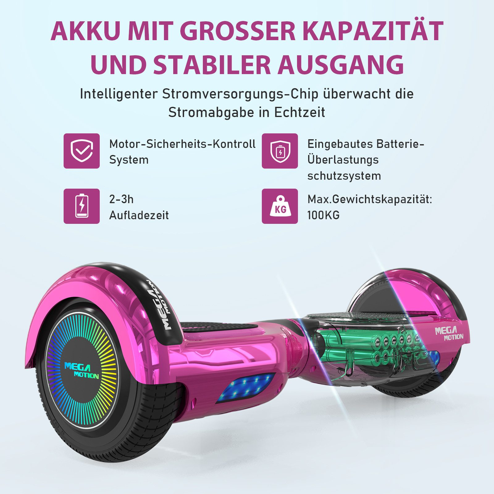 Pinkfarbenes Hoverboard mit schwarzen Rädern und Text. Symbole beschreiben Funktionen wie Akku und Tragfähigkeit.