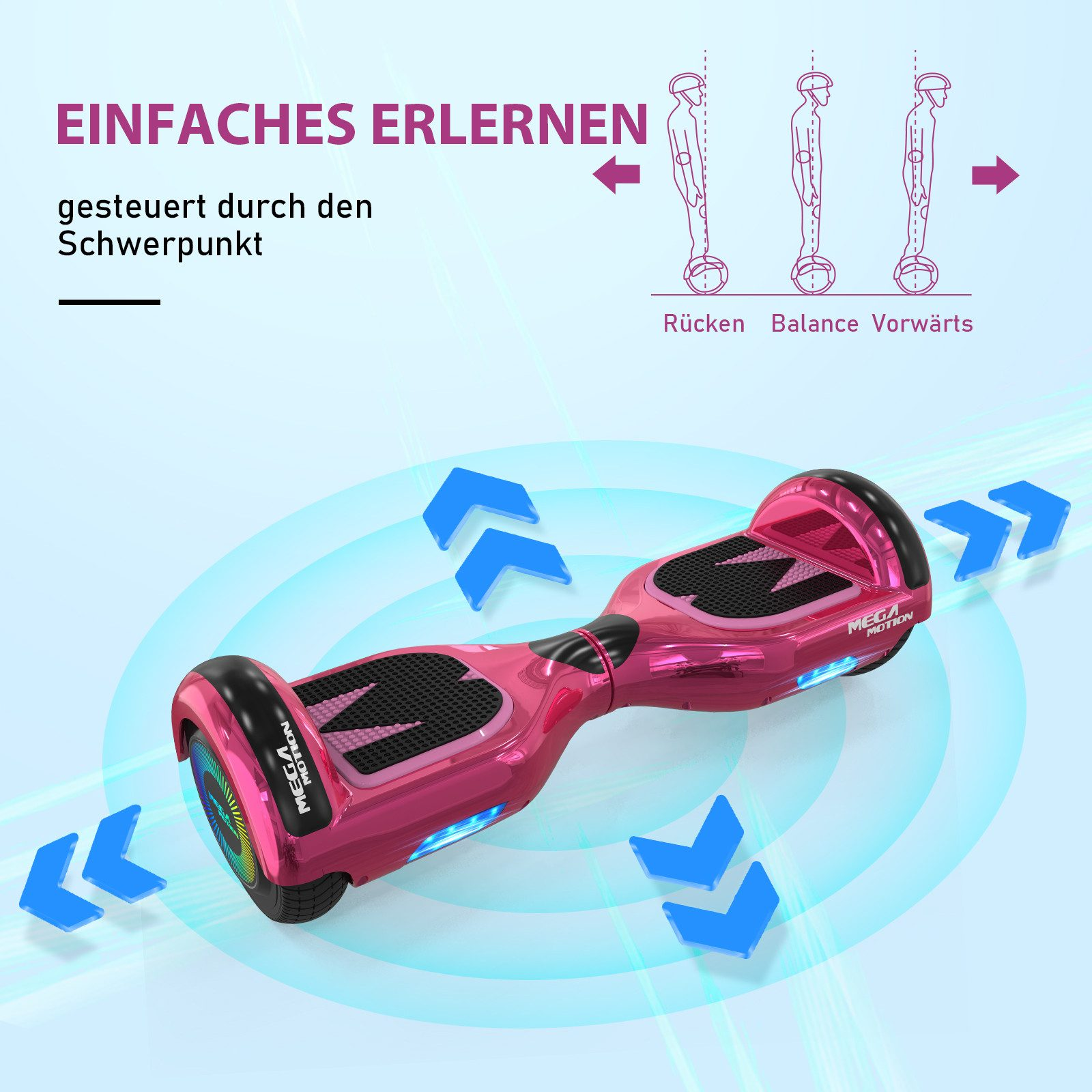 Pinkes Hoverboard mit blauen Pfeilen, Text über Gleichgewicht und Lernen, auf hellblauem Hintergrund.