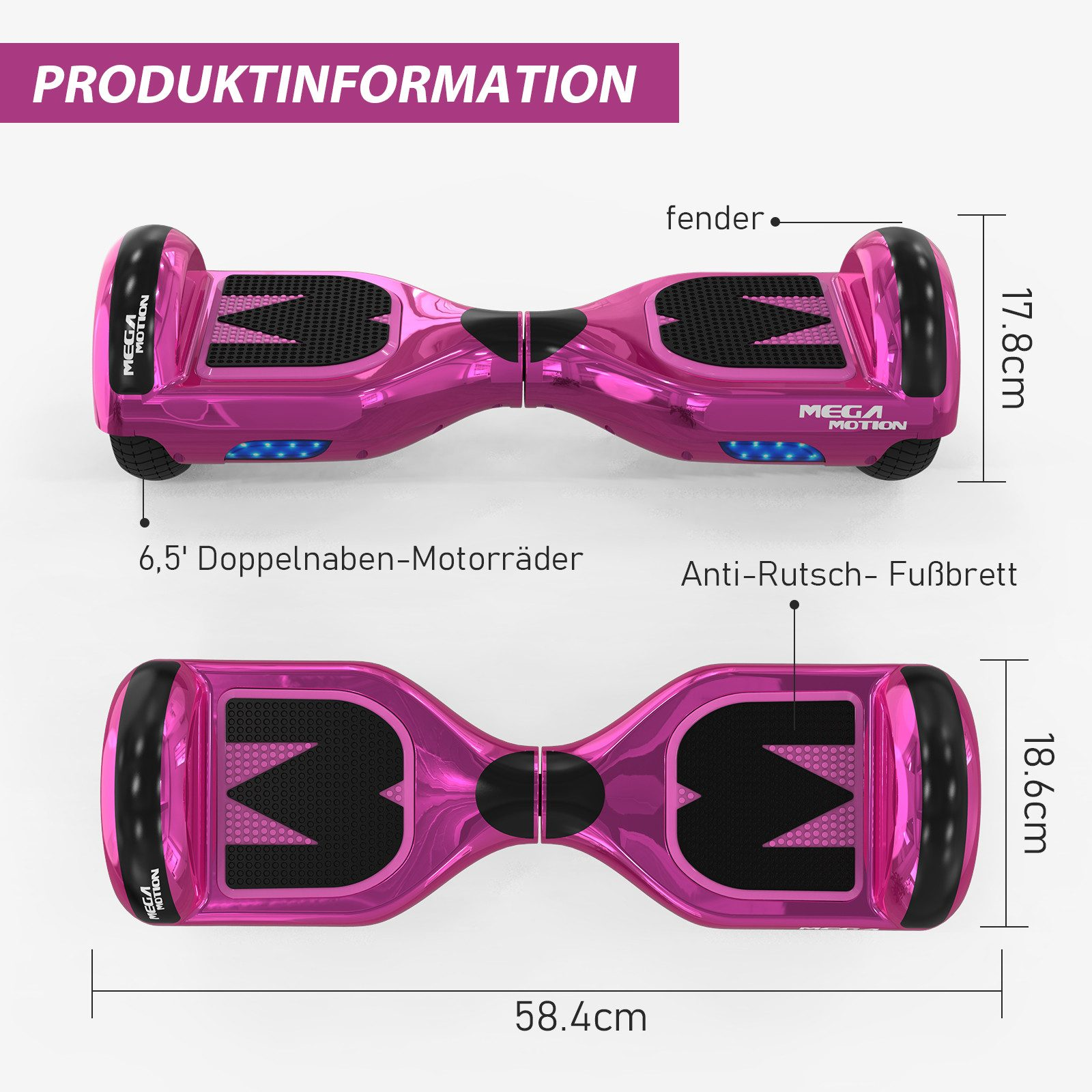 Pinkes Hoverboard mit Maßangaben. Draufsicht und Unteransicht sind gezeigt.