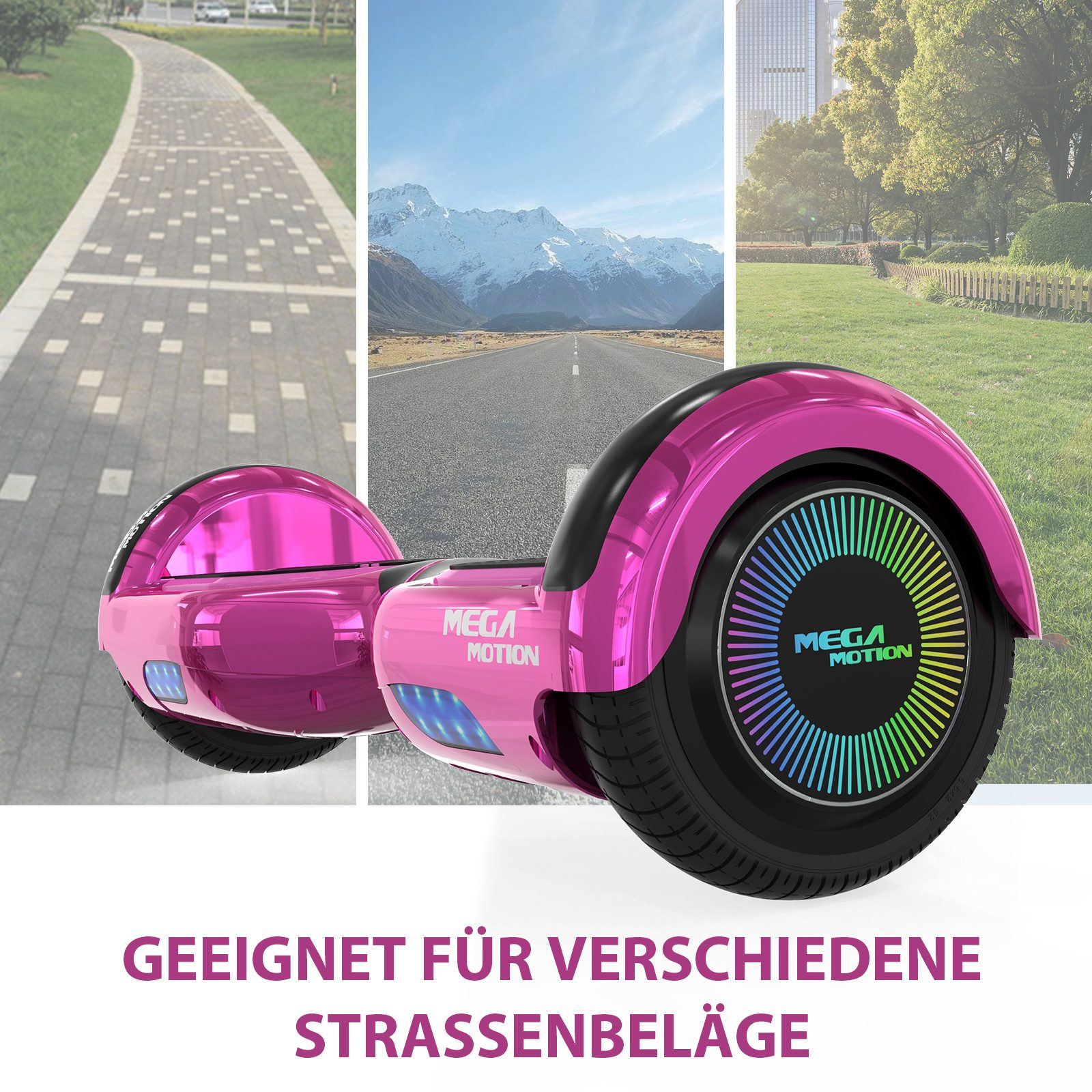 Pinkes und schwarzes Hoverboard mit mehrfarbigen Lichtern. Bilder von Straße, Bergen und Park dahinter.