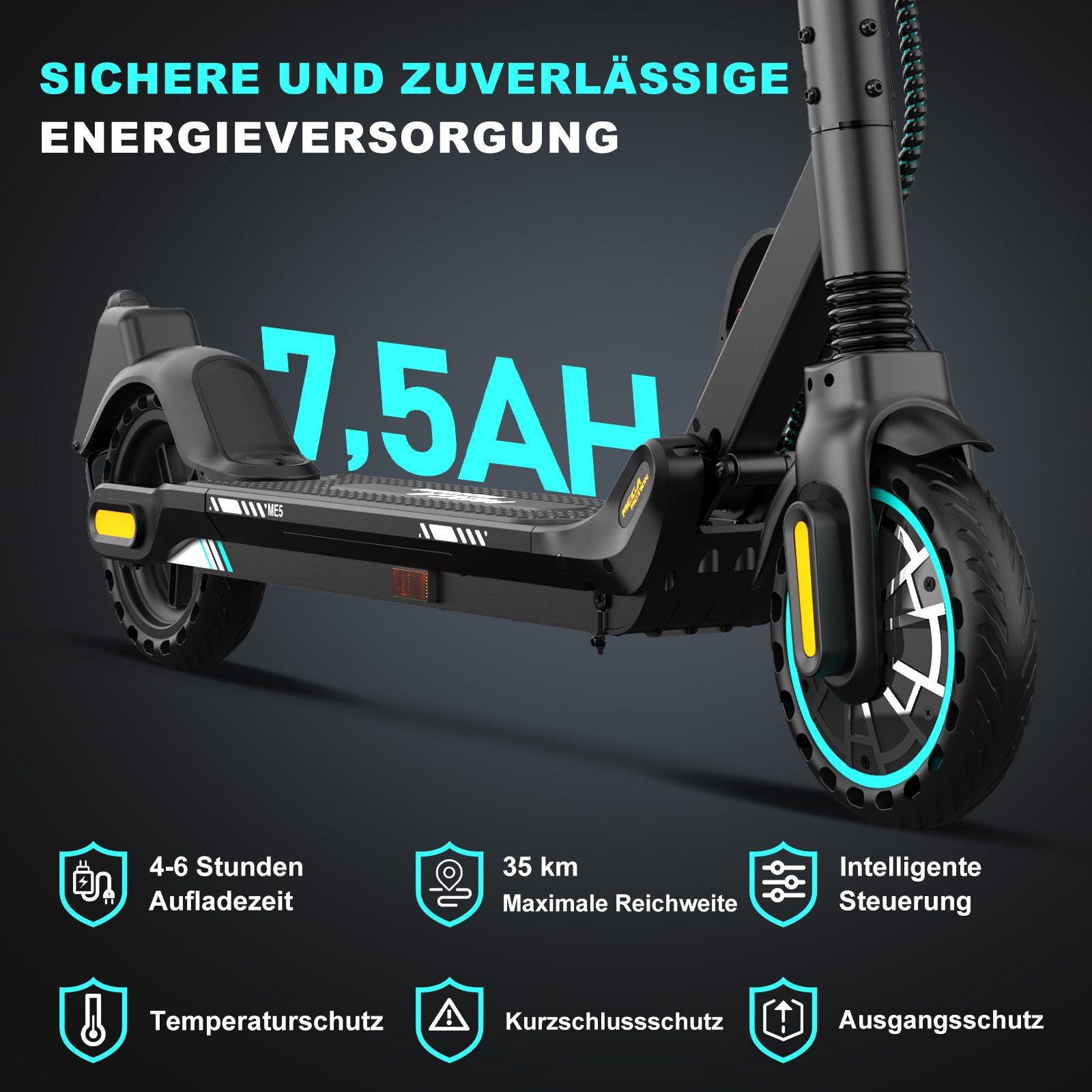 Schwarzer und blauer Elektroroller mit Textüberlagerungen: 7,5 AH, 35 km, 4-6 Stunden Ladezeit und intelligente Steuerung.