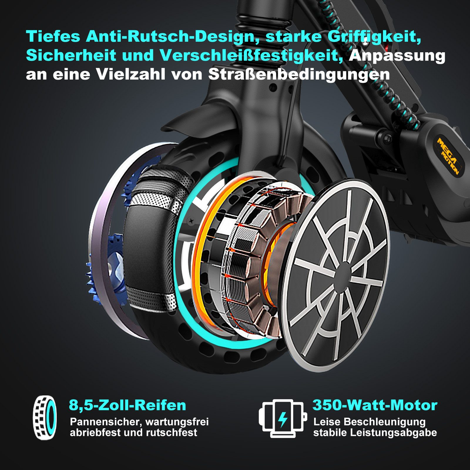 Elektroroller mit Innenteilen und Details, deutscher Text beschreibt Eigenschaften.