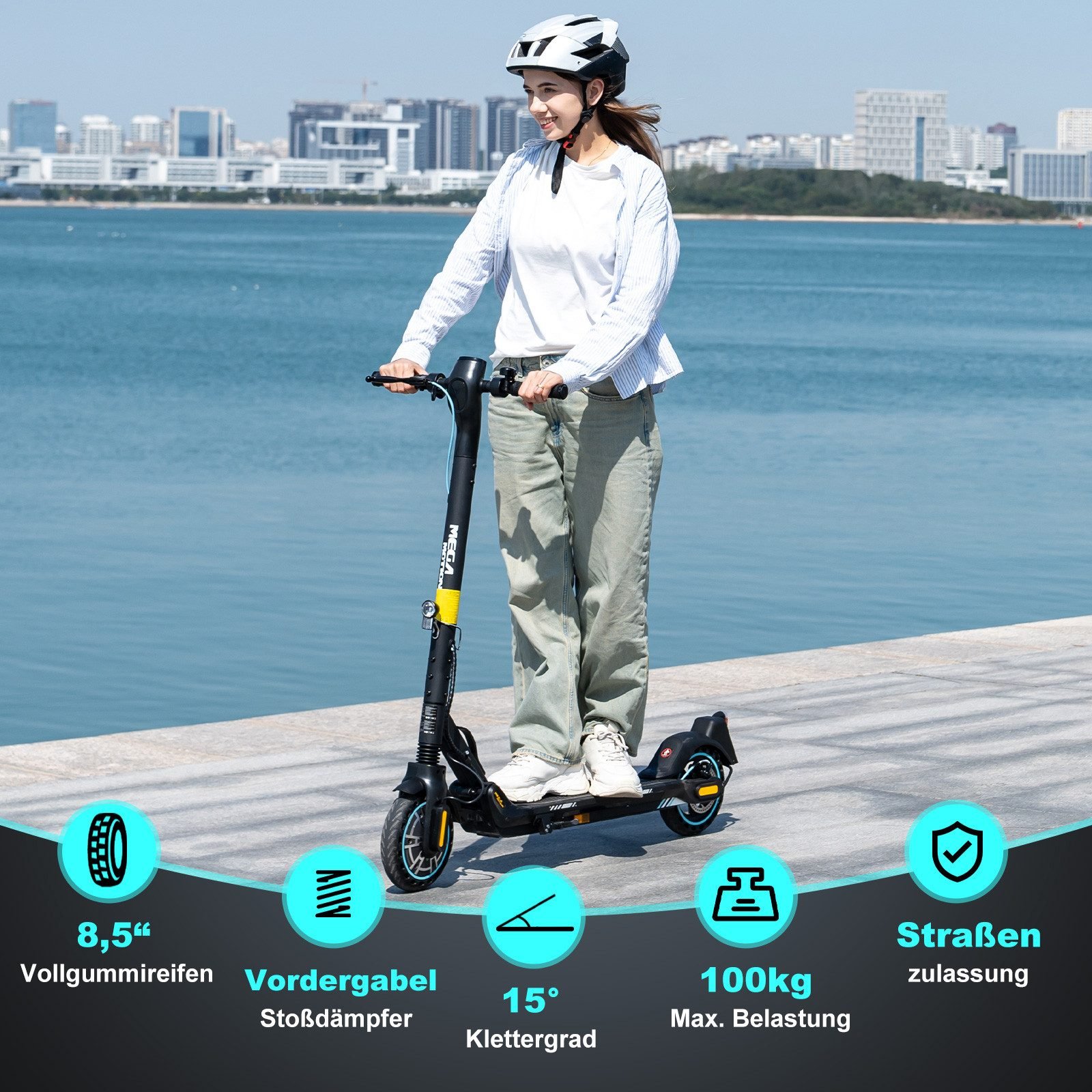 Eine Frau fährt mit einem Elektroroller auf einem befestigten Bereich, im Hintergrund eine Stadtlandschaft. Spezifikationen werden angezeigt.