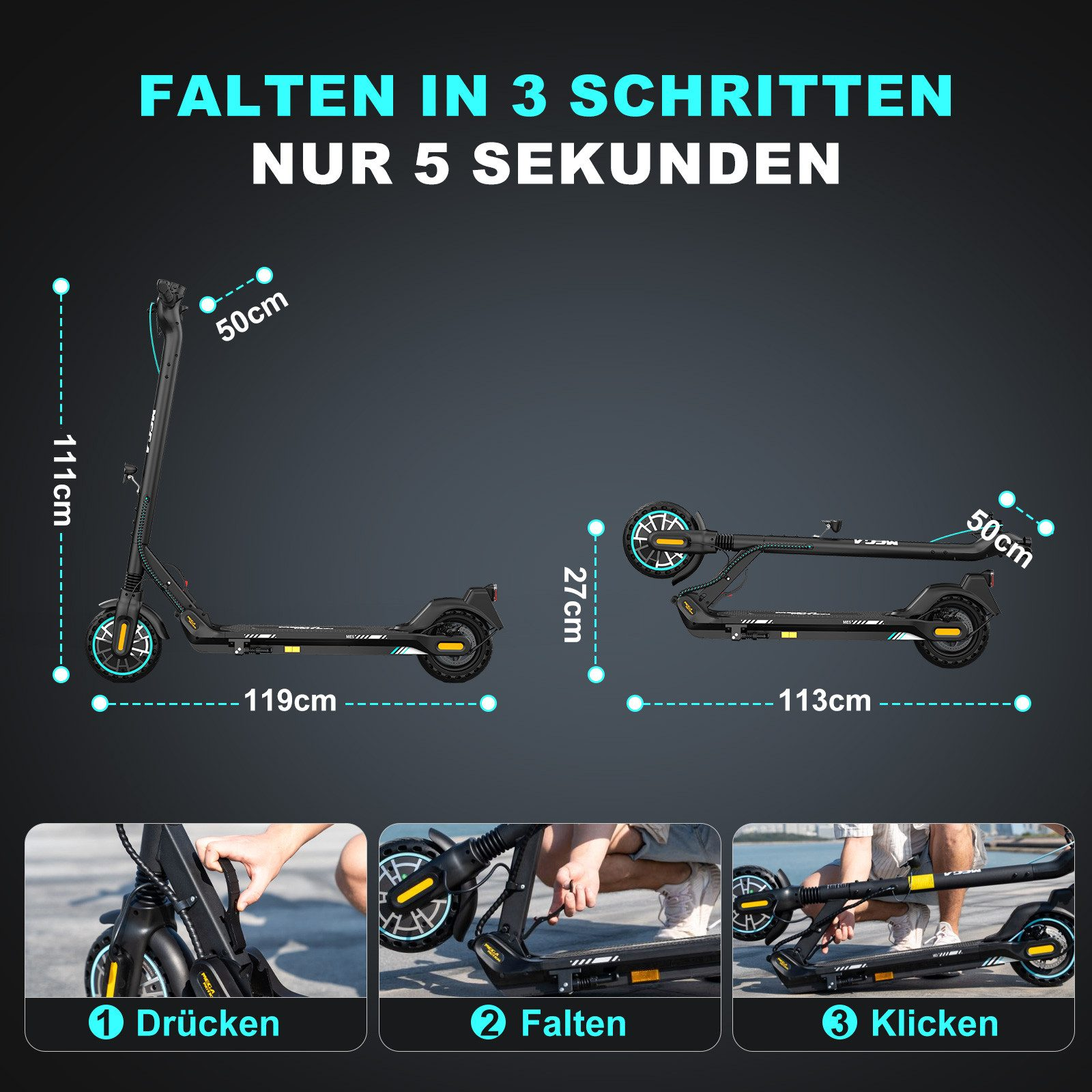 Elektroroller mit Faltanweisungen, Maßen und gefaltetem Zustand.