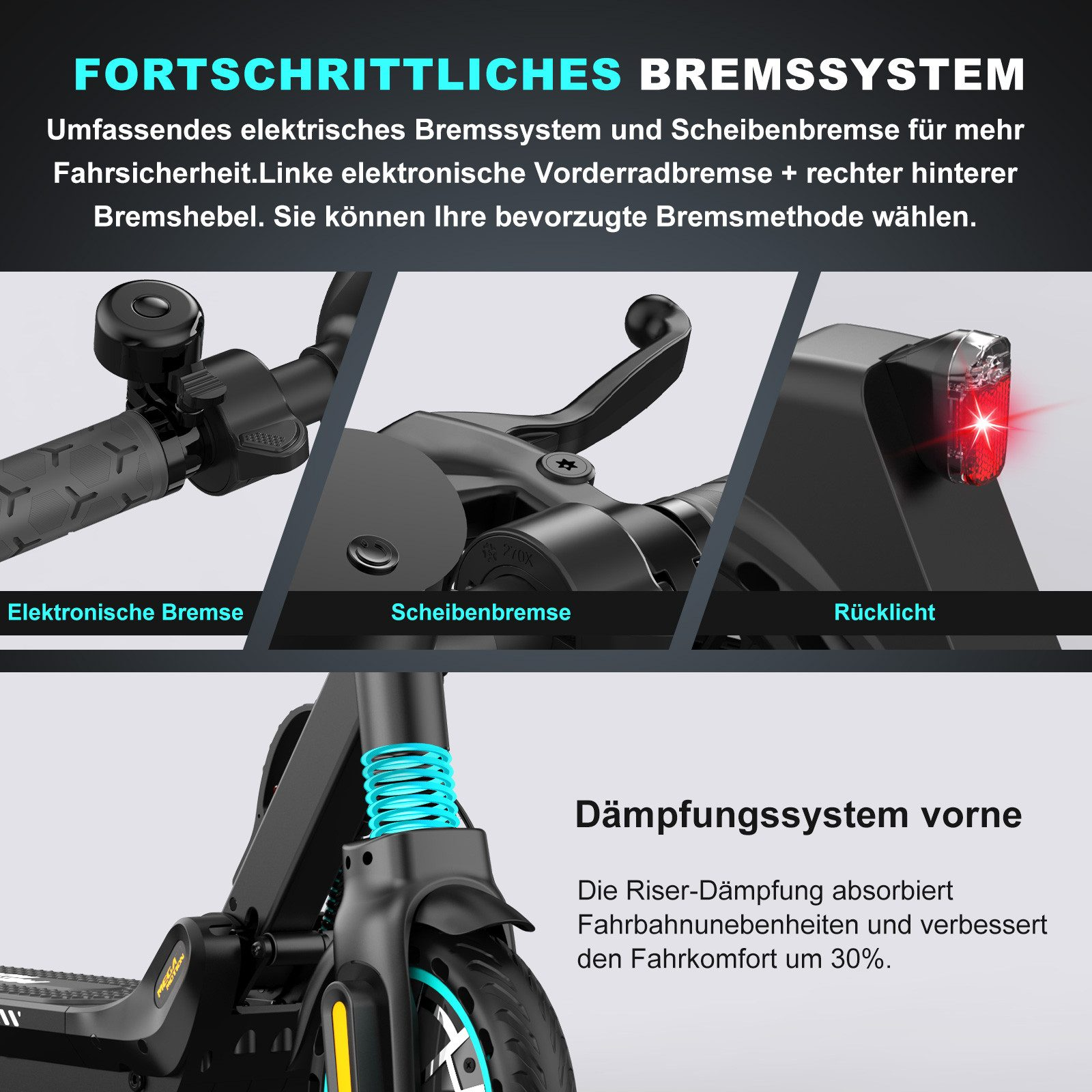 Elektrische Rollerteile: Bremshebel, Scheibenbremse und Rücklicht. Deutscher Text vorhanden.
