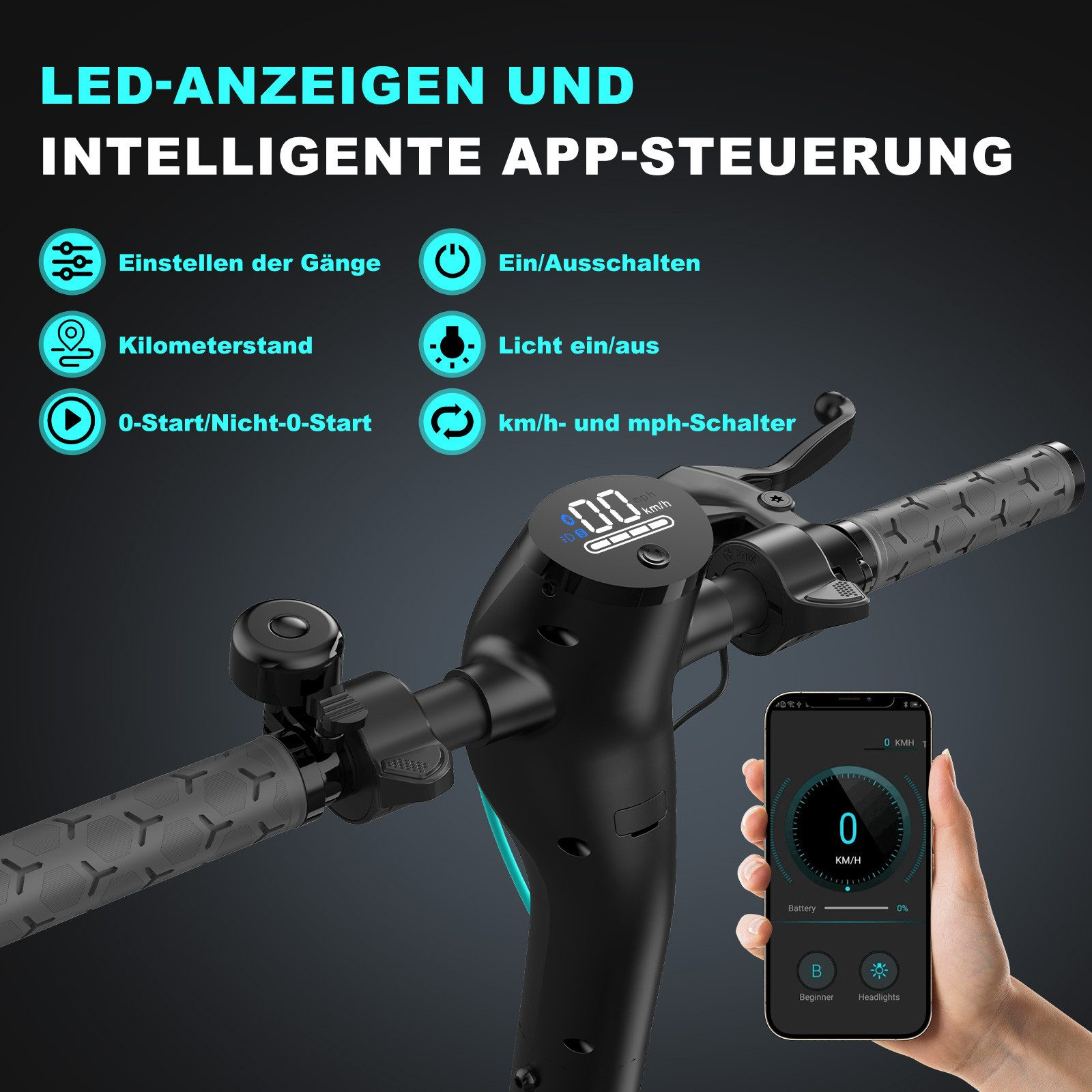 Schwarzer und türkisfarbener Elektroroller mit Geschwindigkeitsanzeige und einem Telefon mit 0 km/h.