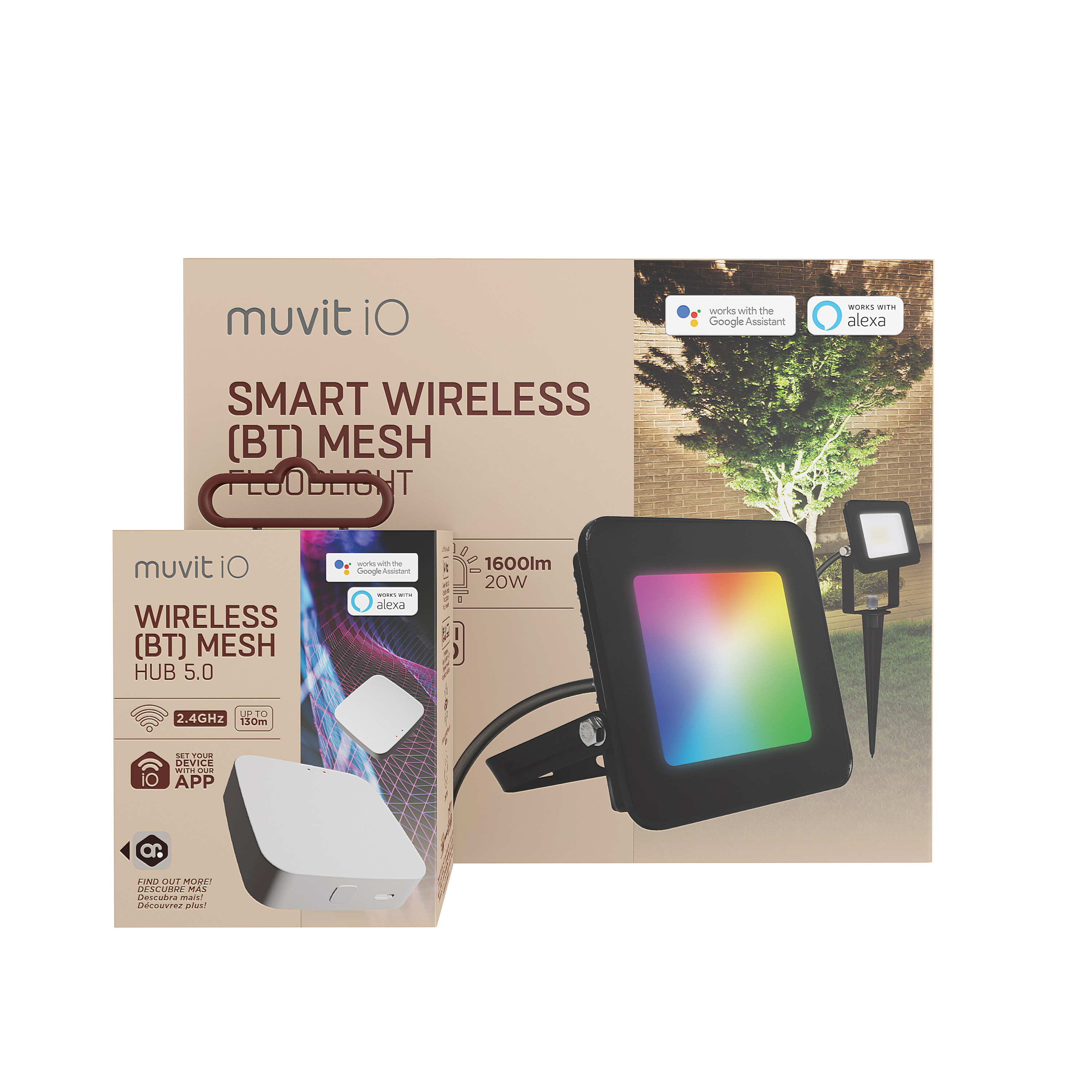 Foco inteligente MUVIT IO Pack Jardín: Foco Proyector Hub BLuetooth  Mesh, Regulador de intensidad, Multicoloured