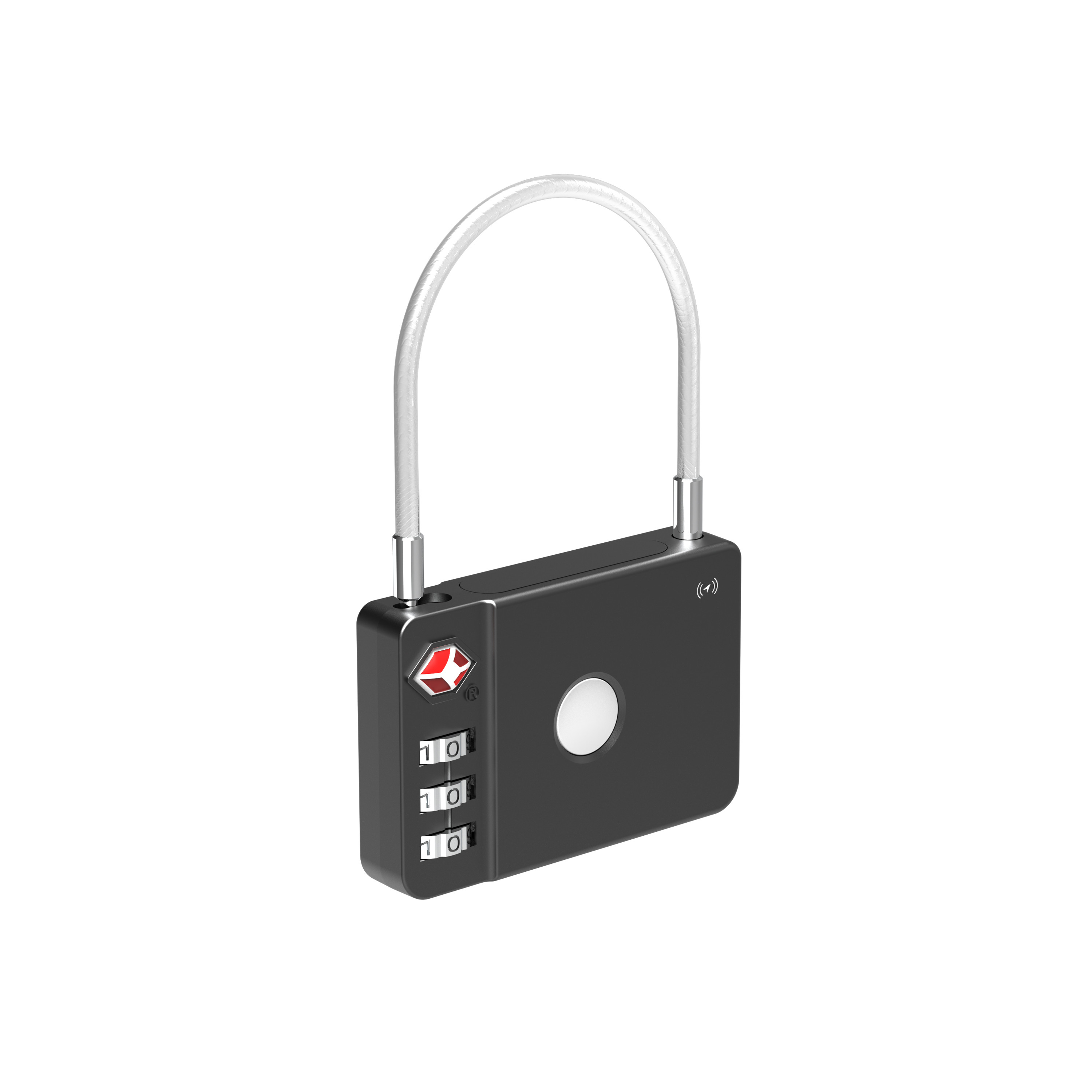 Black combination lock with a silver cable. The numbers are visible.
