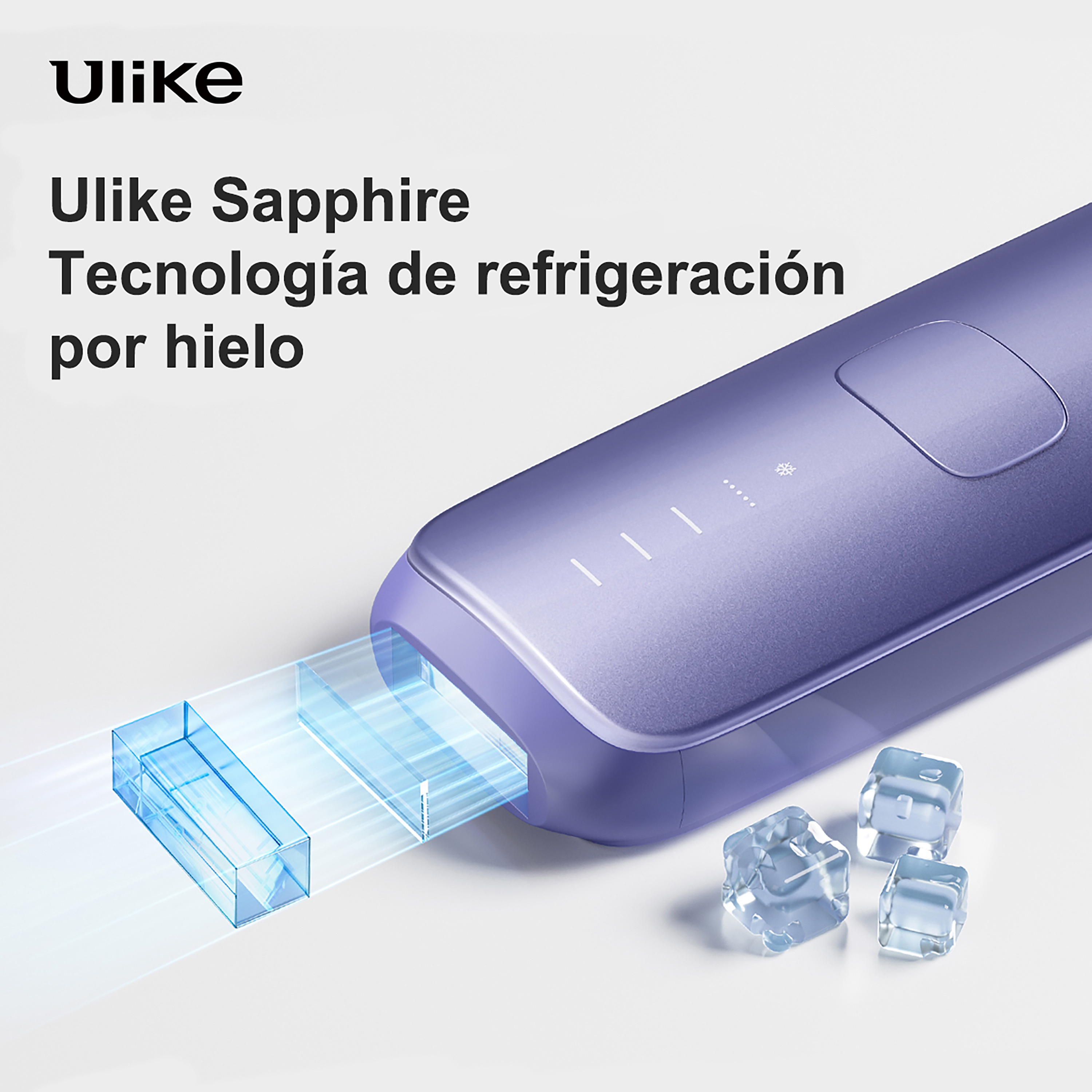 Dispositivo de depilación Ulike Sapphire con cubitos de hielo. Rayos de luz azul. Fondo blanco.