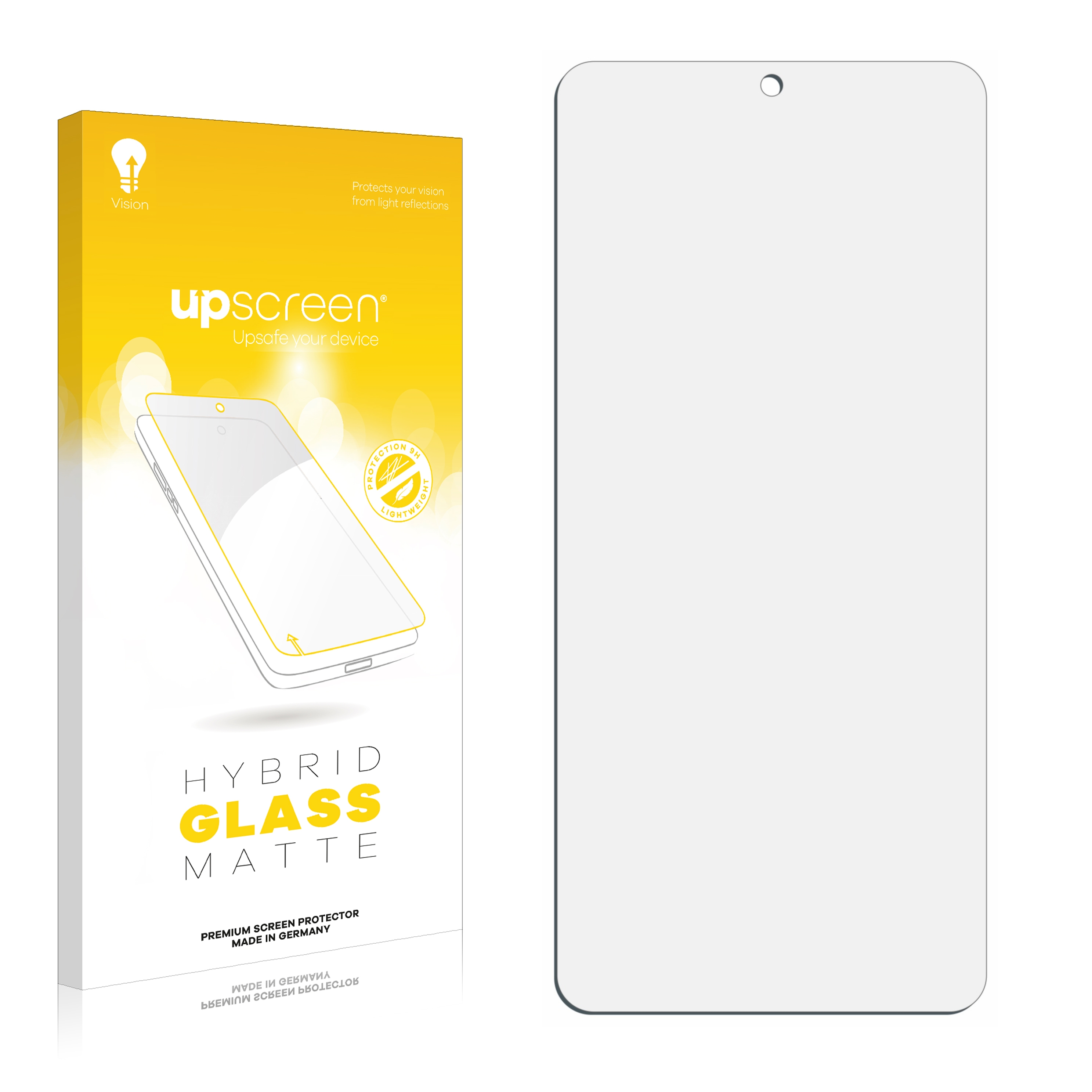 Displayschutzfolie in Verpackung, neben einem Telefon. Text: Upscreen. Hybrid Glass Matt.