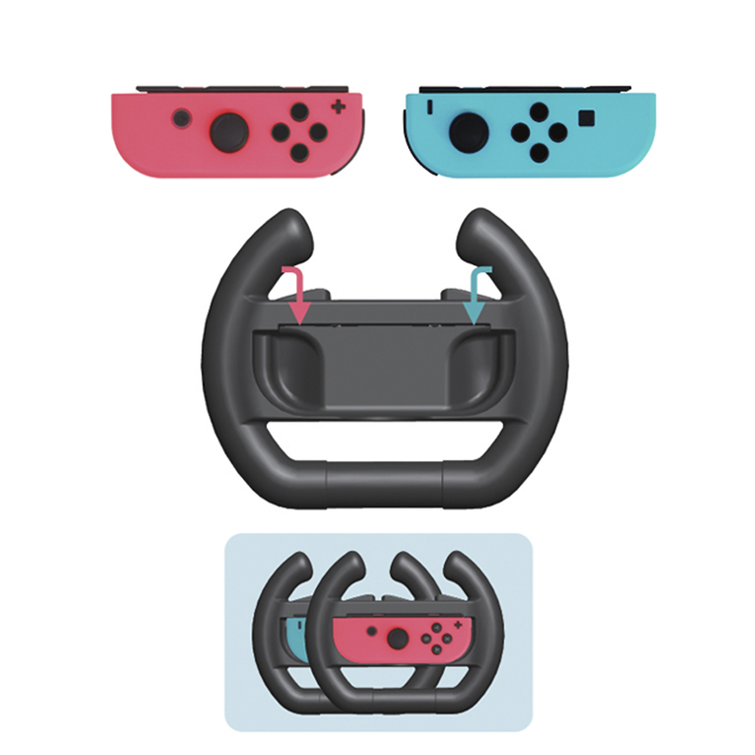 Controller per console di gioco e un accessorio per volante. I controller sono rossi e blu. L'accessorio del volante è nero.