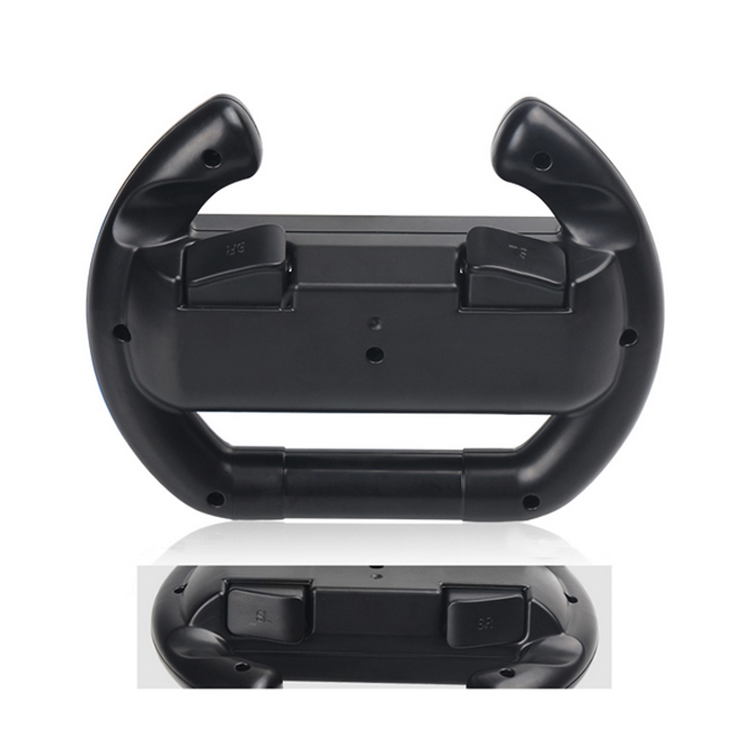 Un controller a volante nero con pulsanti sul retro e una versione separata più piccola.