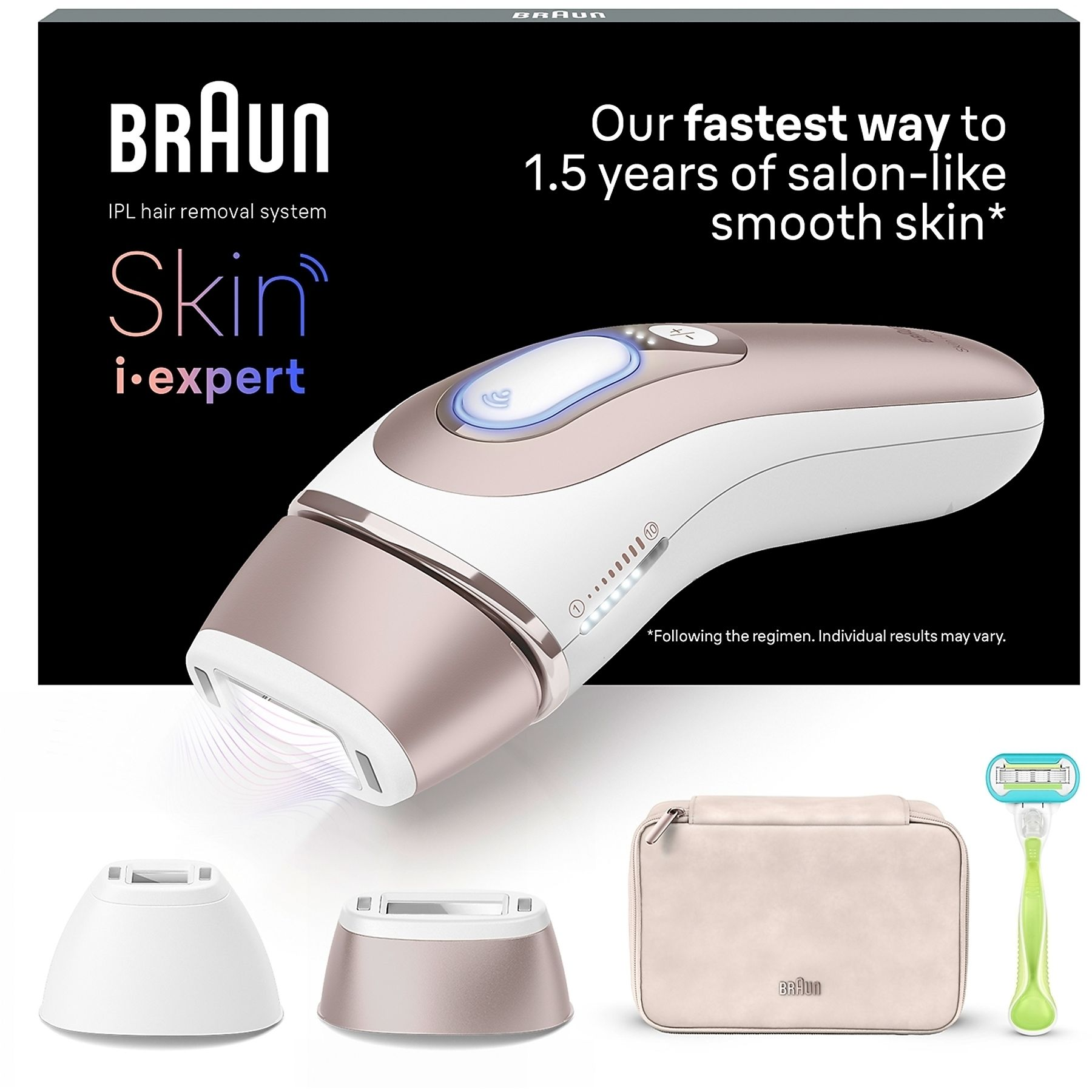 Urządzenie do usuwania włosów z akcesoriami. Tekst na opakowaniu. Białe tło.