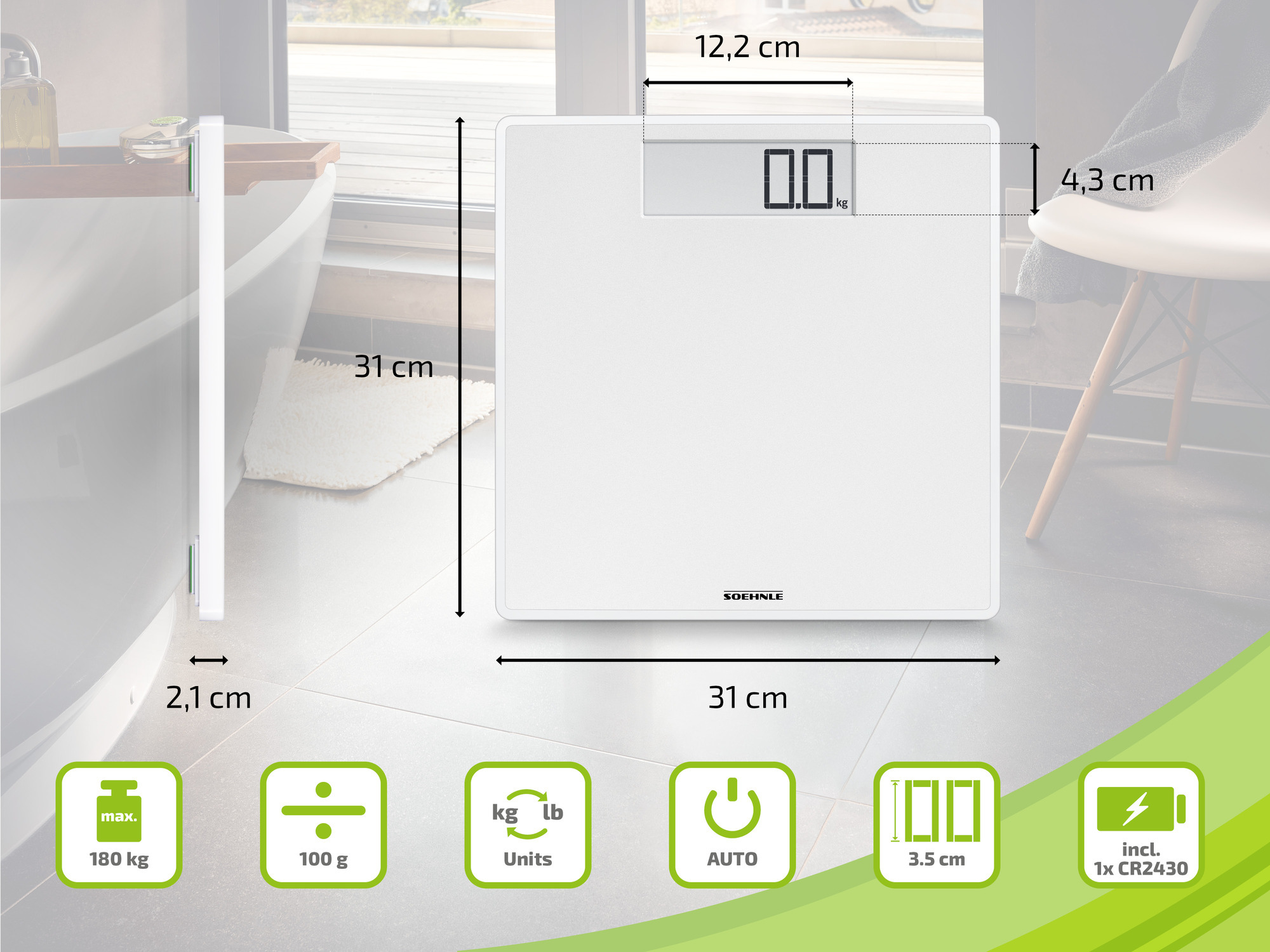 Biała cyfrowa waga łazienkowa z wymiarami i ikonami, z białym tłem.