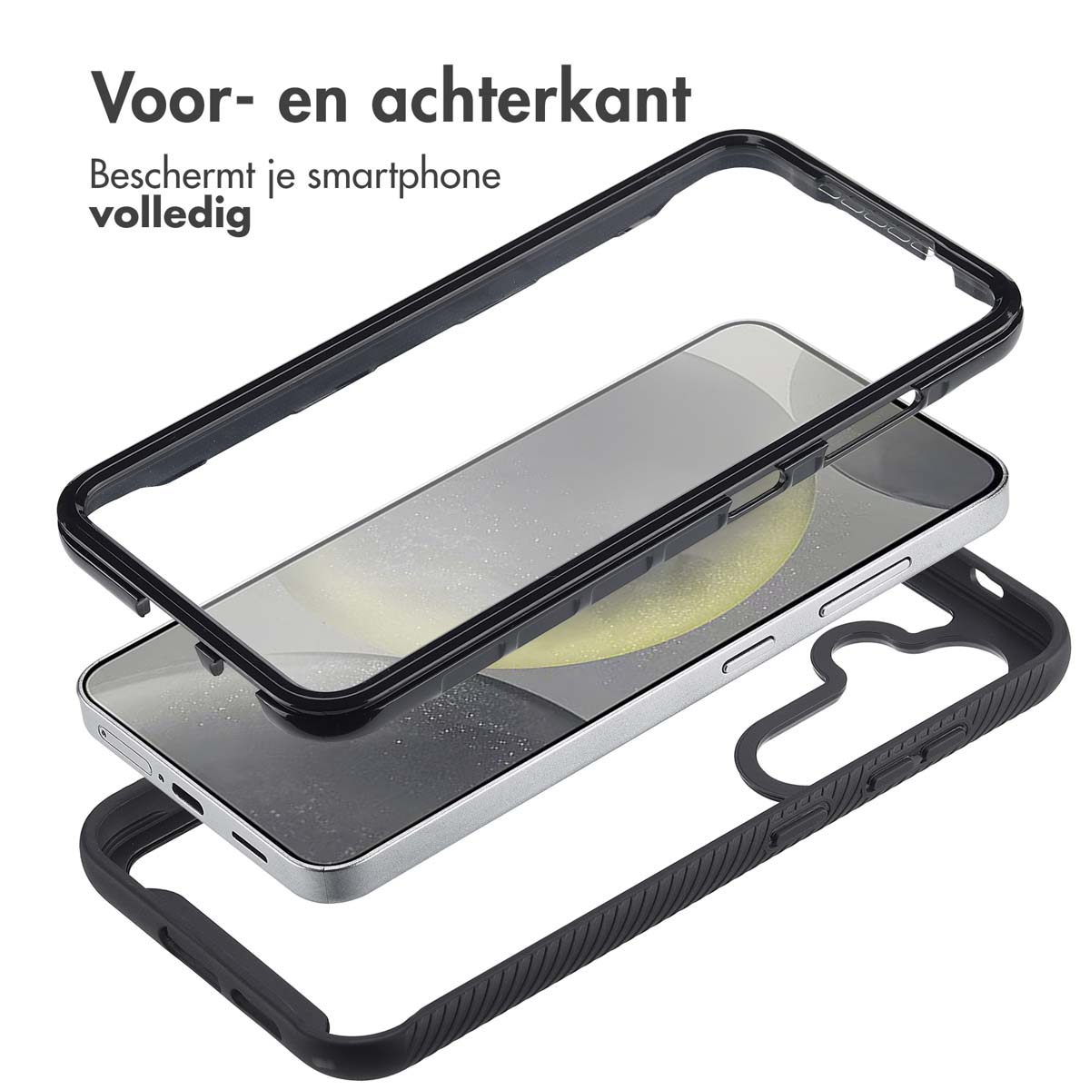 Composants d'étui de smartphone : cadre noir, couvercle transparent et téléphone.