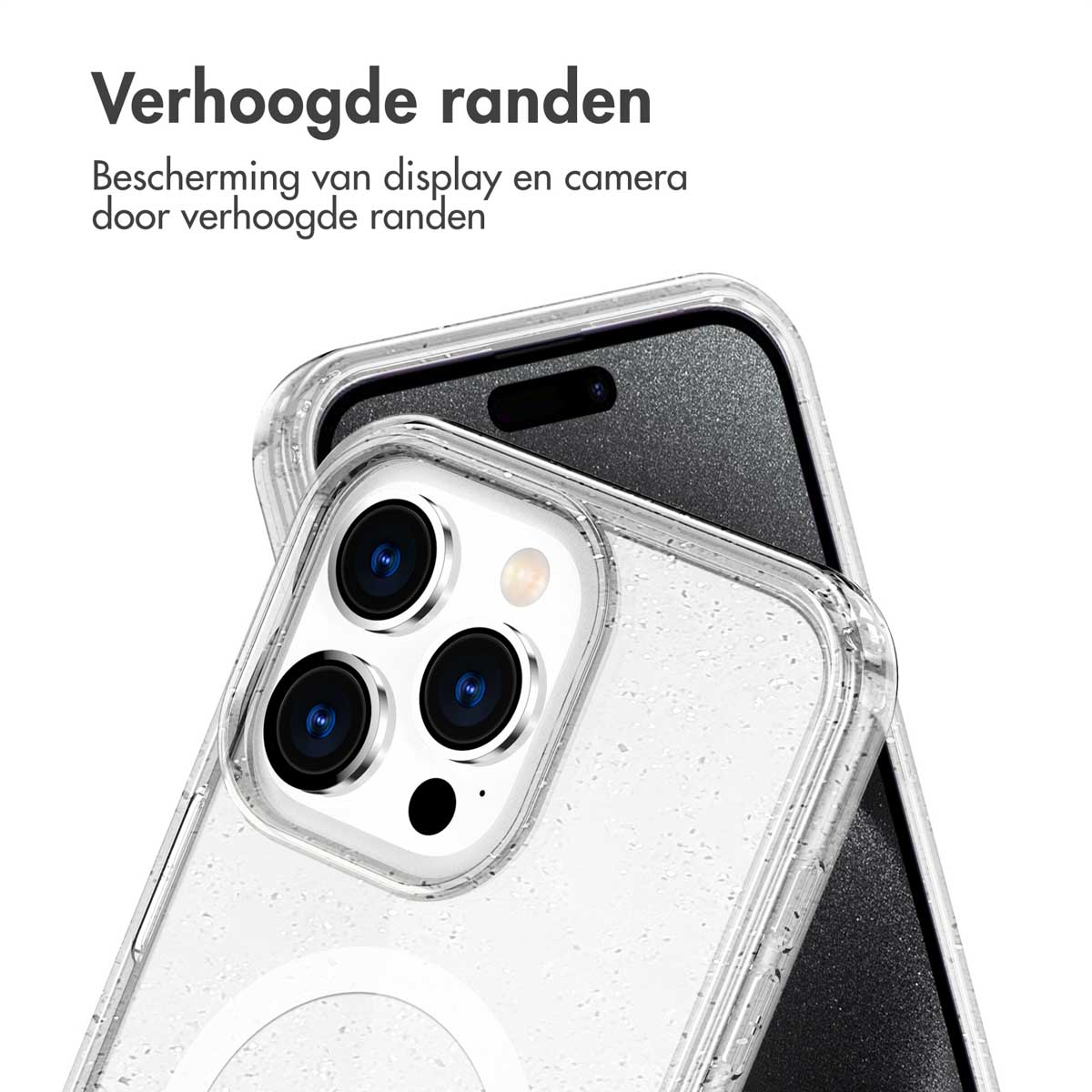 Transparante telefoonhoes beschermt een zwarte telefoon. Tekst: 'Verhoogde randen. Bescherming van display en camera door verhoogde randen'.