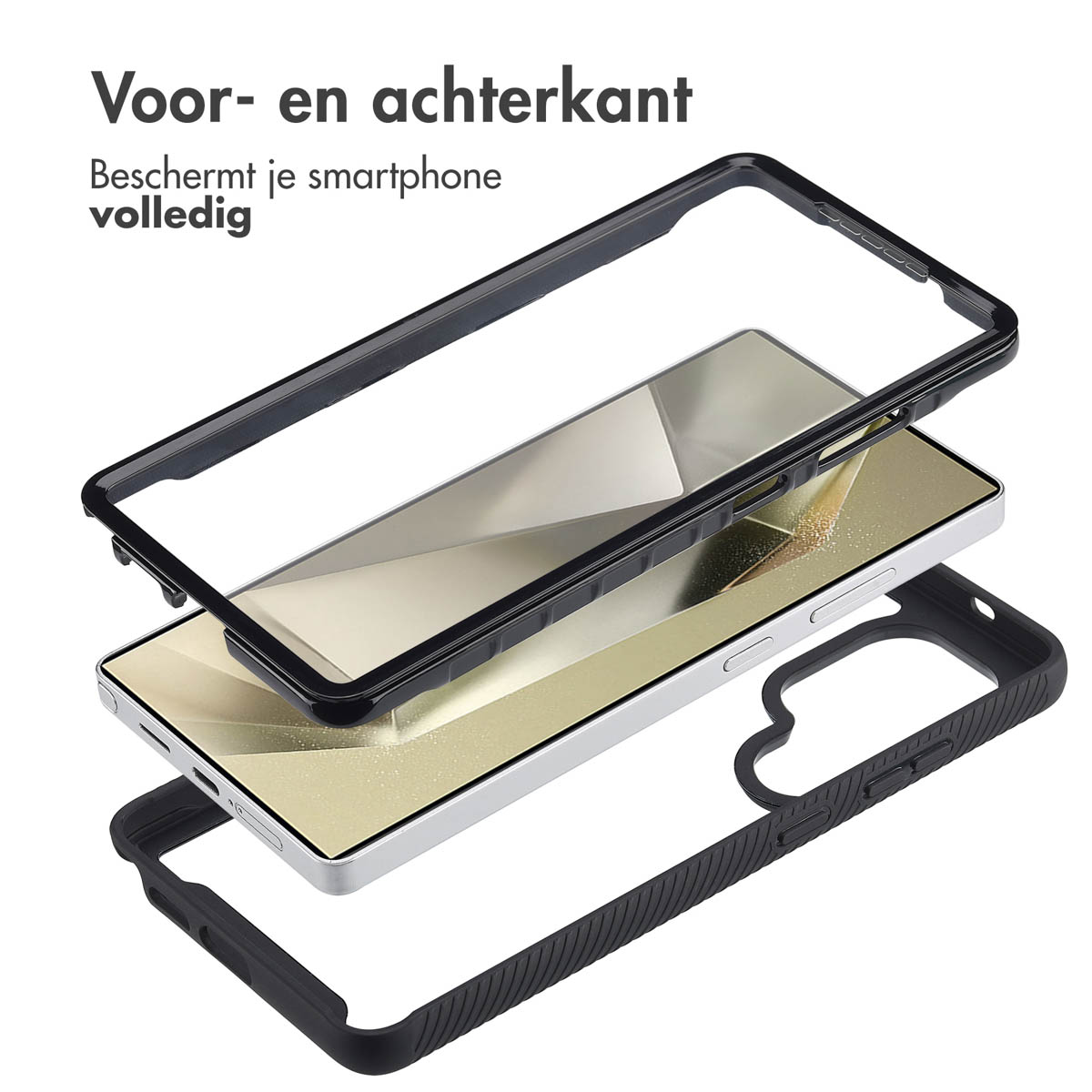 Exploded view of a smartphone, case, and screen protector, with text: Protect your smartphone.