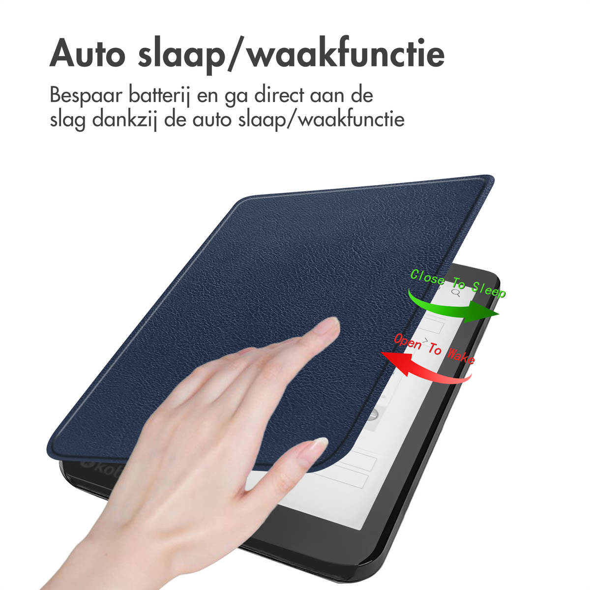 Hand opent donkerblauwe hoes van tablet. Tekst bovenaan.