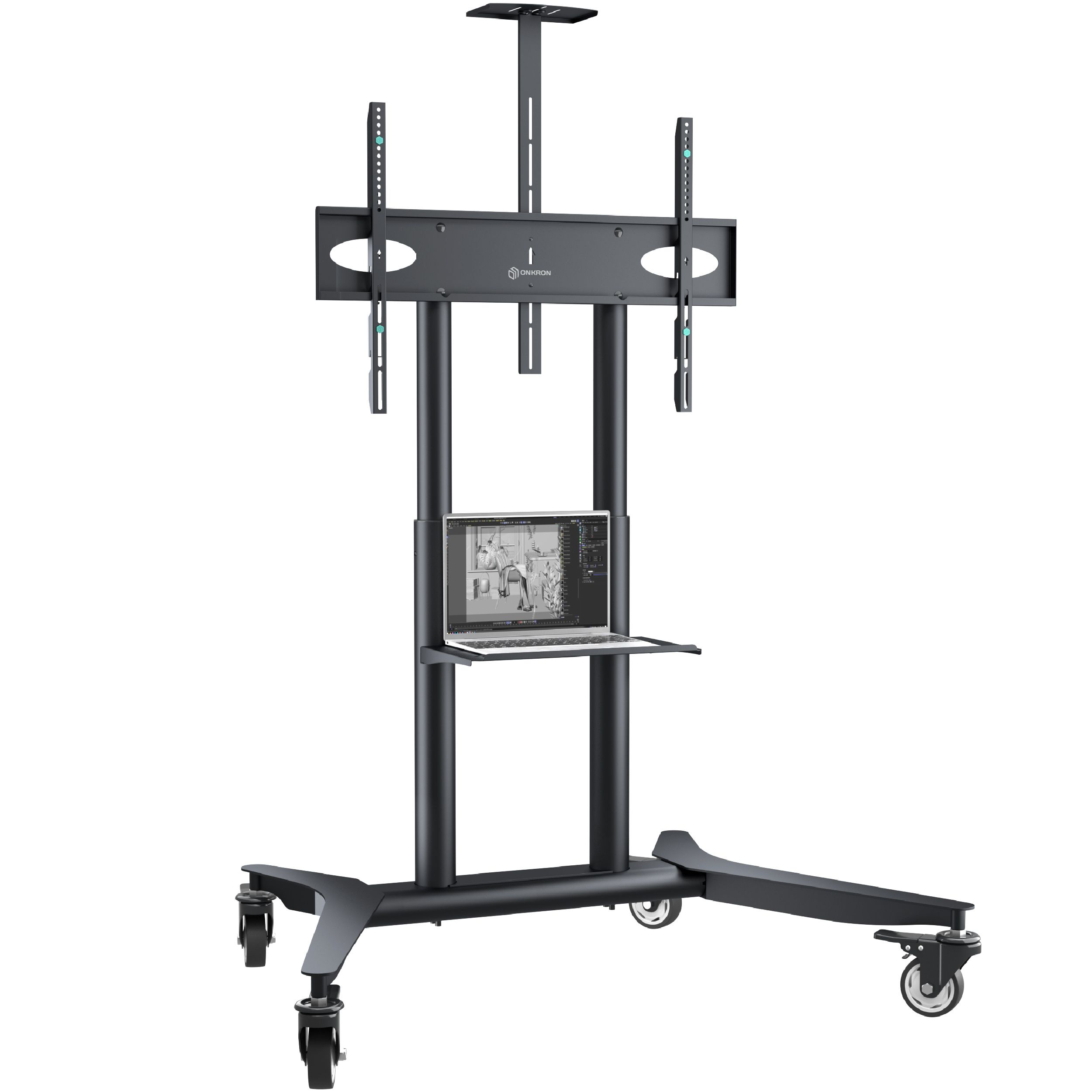 Czarny stojak TV z kółkami. Laptop na stojaku. Srebrny i czarny kolor.
