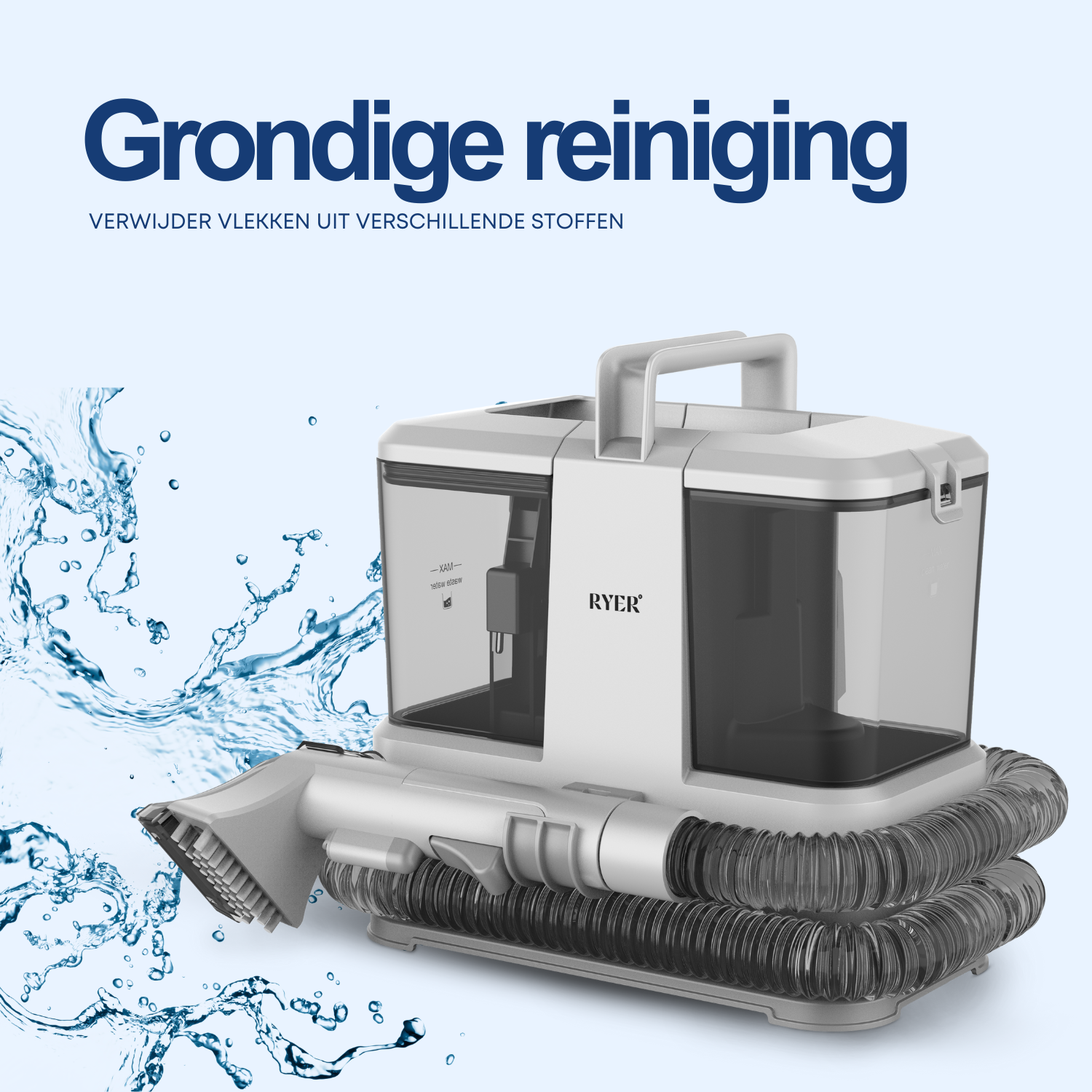 A white and gray carpet cleaner with a hose, surrounded by water.