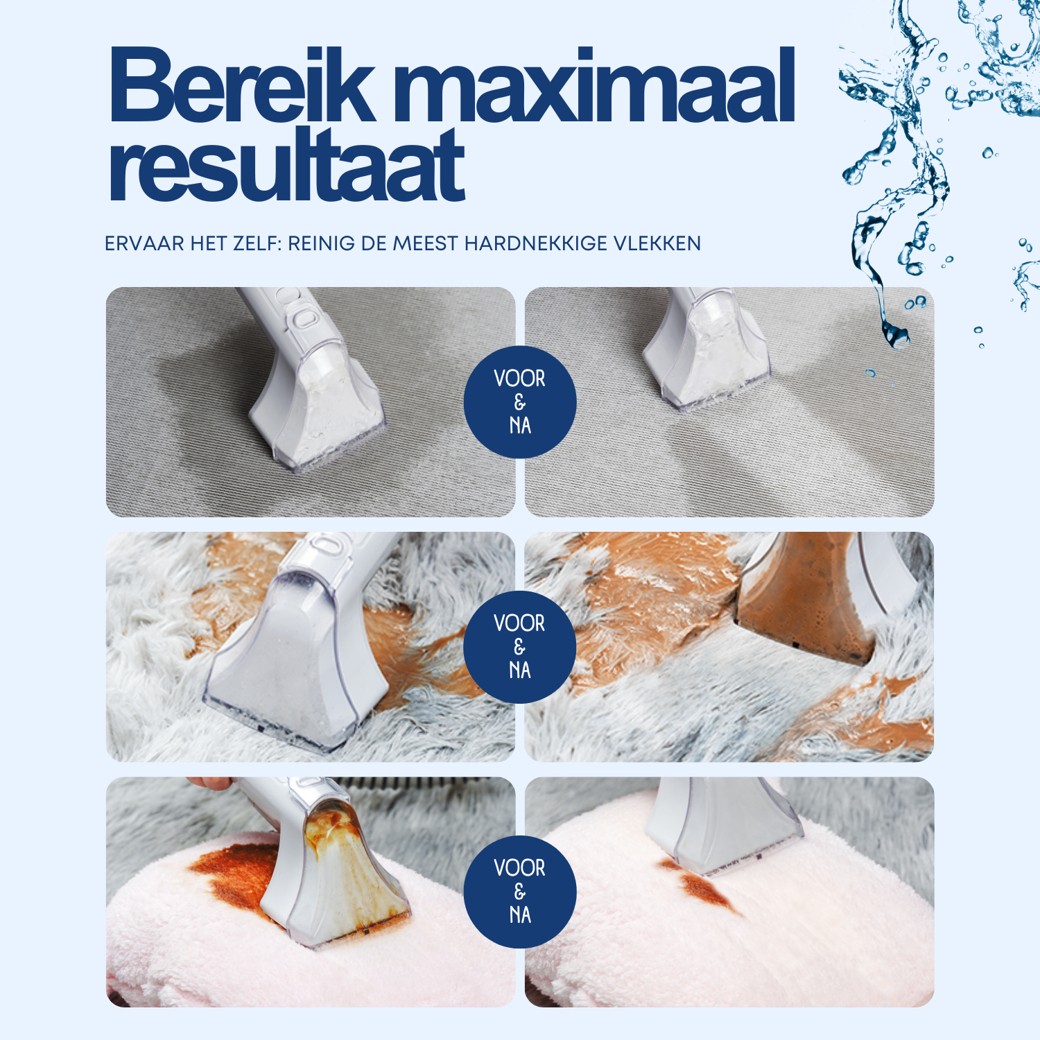 Images show a cleaning device removing stains from different fabrics. Before and after shots are shown.