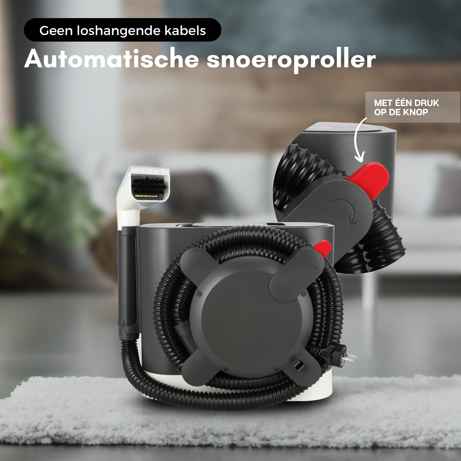 A vacuum cleaner with a hose. Text and an arrow pointing at the hose.