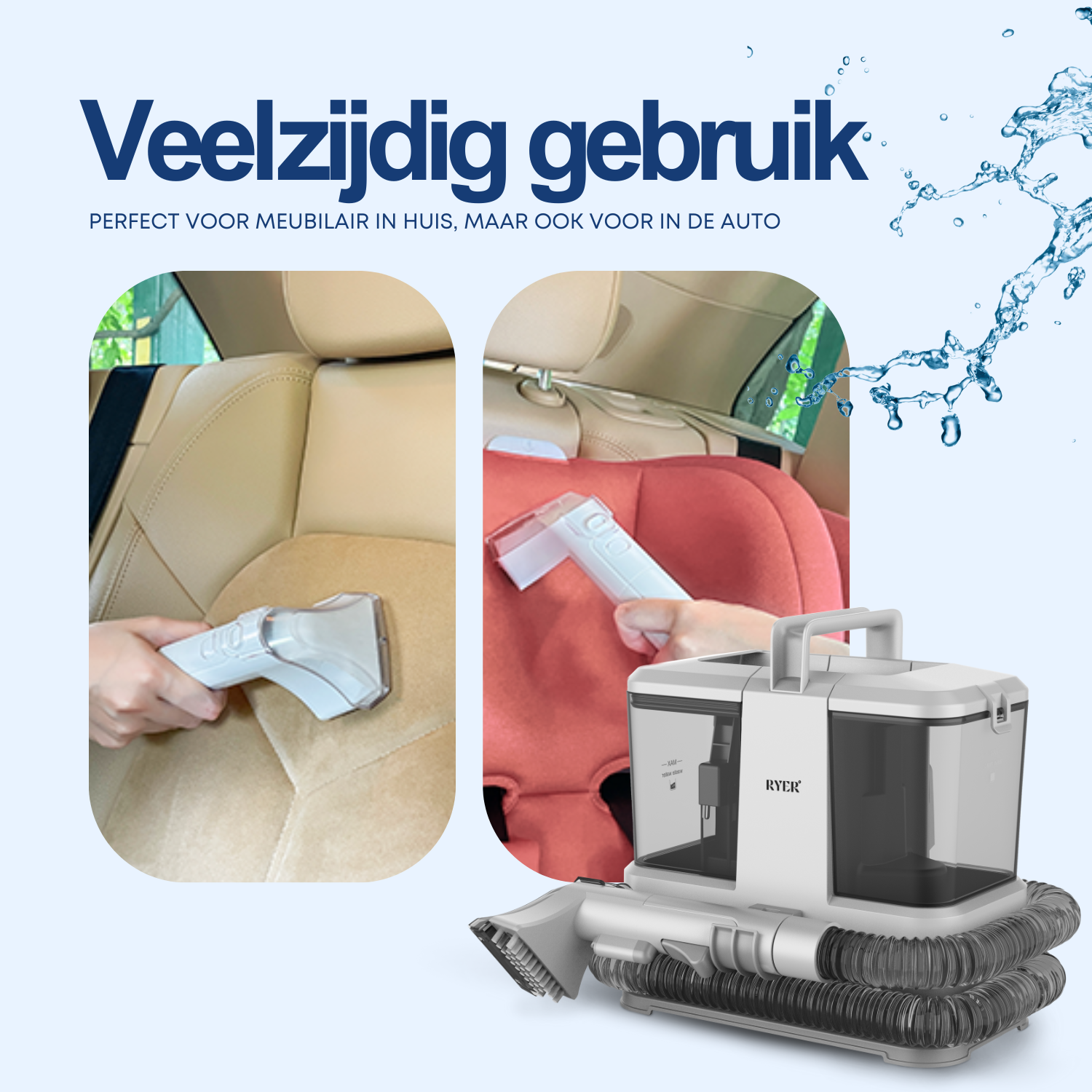 Portable cleaner in use in a car and on furniture, water spray effect.