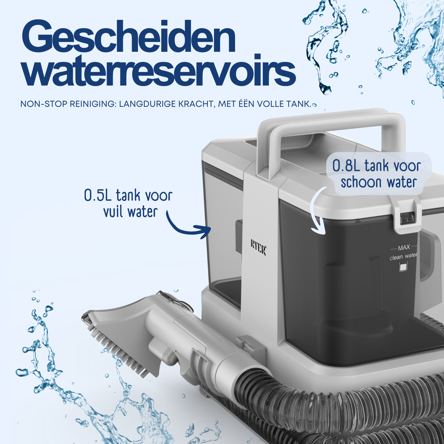 Carpet cleaner machine with tanks and handle.