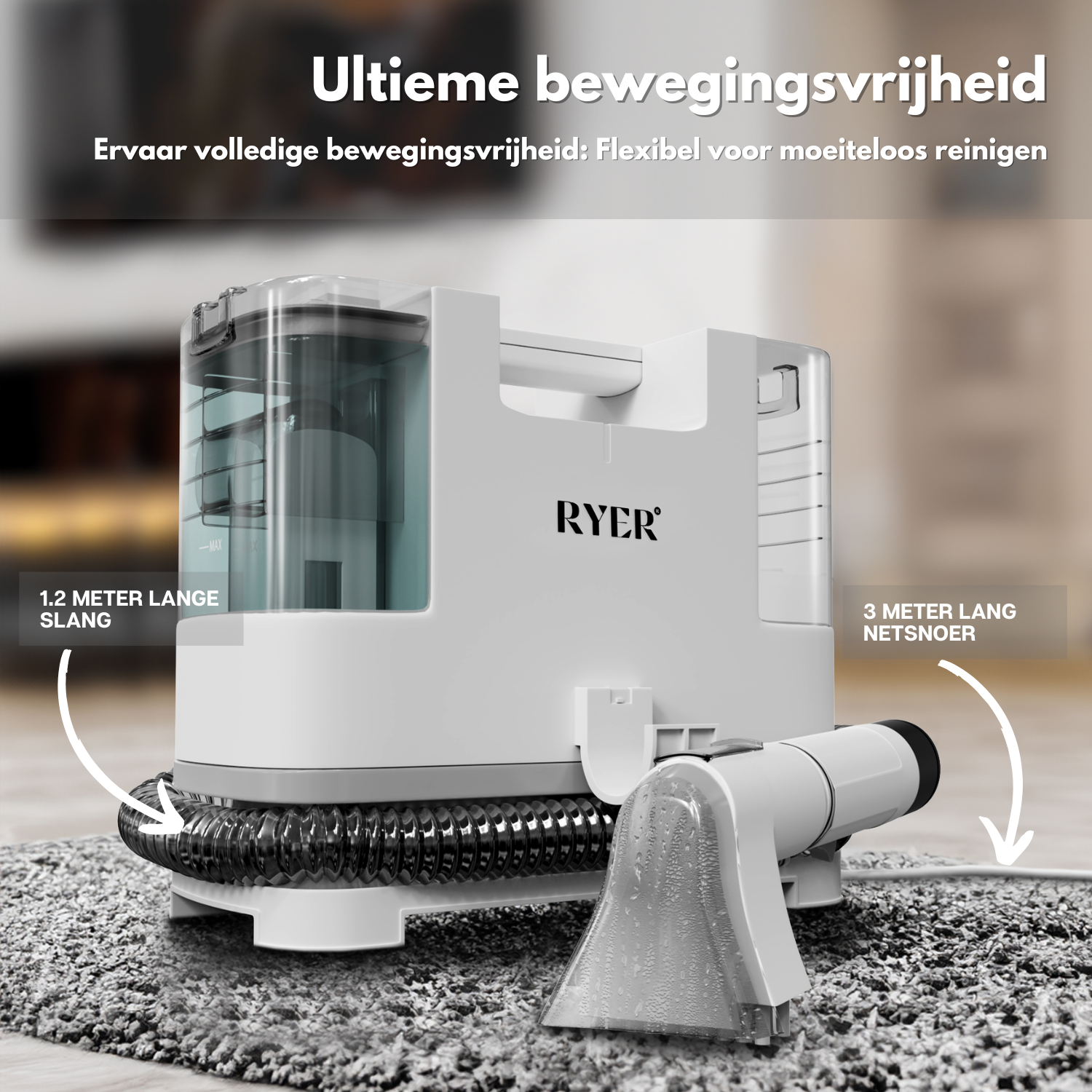 A white and gray carpet cleaner on carpet, with hose and power cord.